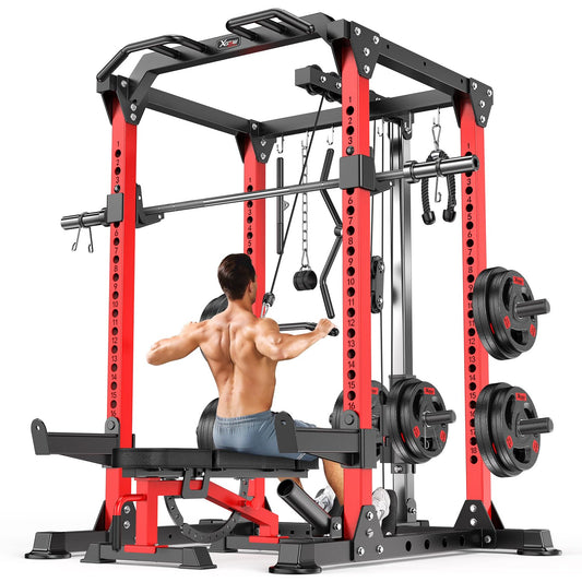 XGSW XINGESIWR Multi-Purpose Squat Rack,Smith Machine Weight Rack Set with Cable Crossover System, Home Gym Power Racks, Power Racks and Packages (L01, Power cage Red+Bench+Cast lron 220LBS)