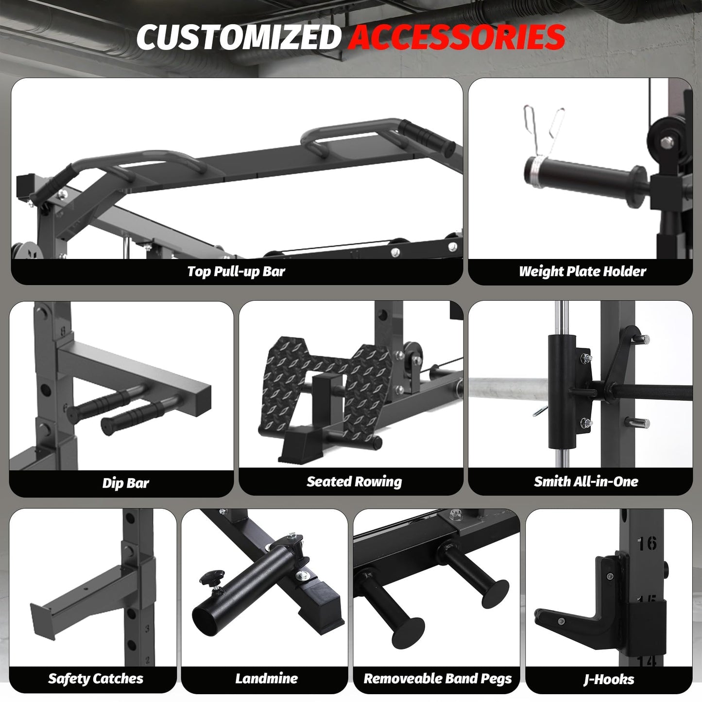 GAOMON Smith Machine Squat Rack, Heavy Duty Strength Training Power Cage with Pulley System, Dip Bar, LAT Pulldown, Multifunctional Workout Machine for Home Gym, Studio, Black