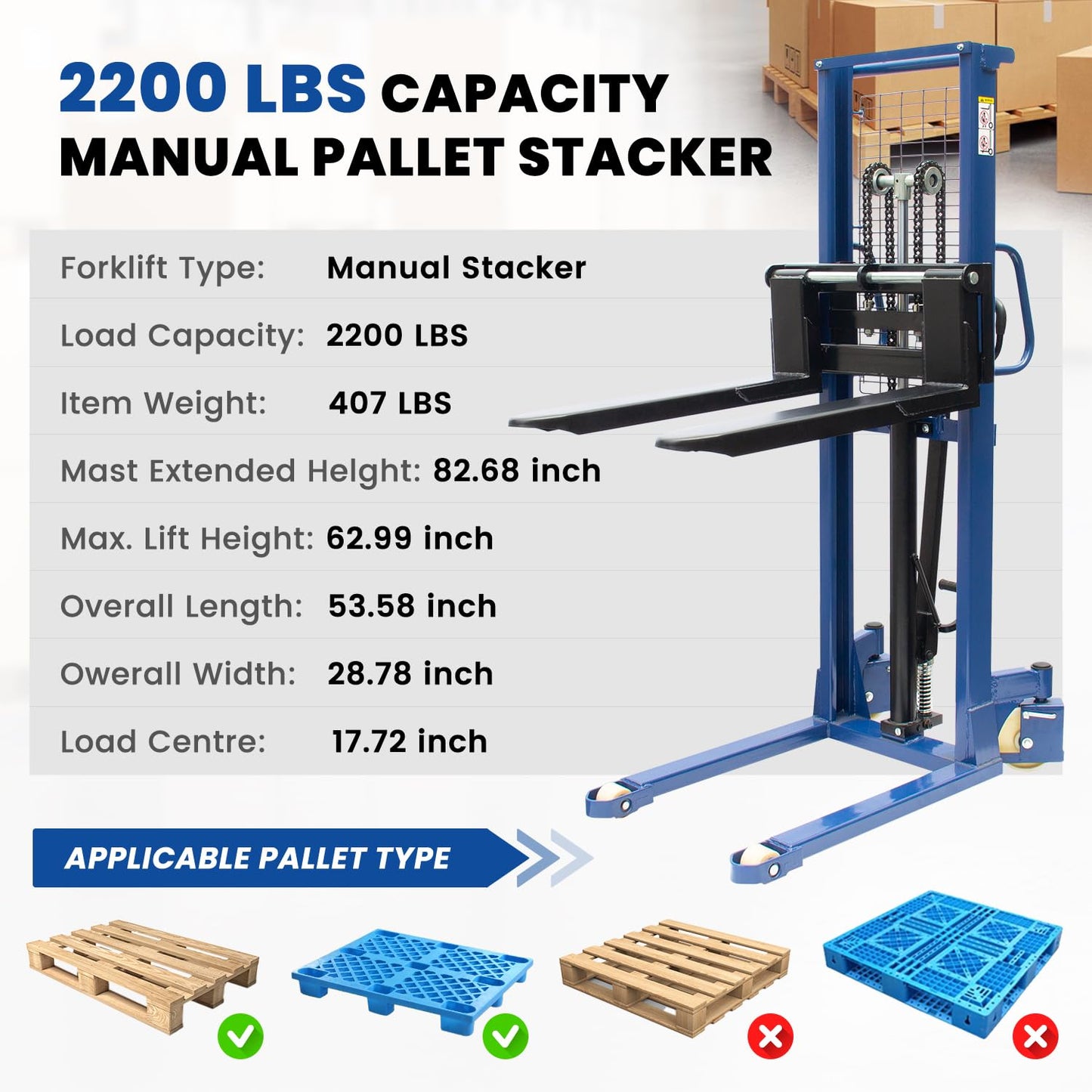 2200Lbs Manual Pallet Stacker - 63 Inch Lift Height Fixed-Fork Lifter | Adjustable Forks for Open Deck Pallet, Heavy-Duty Warehouse Lifter w/Safety Lock