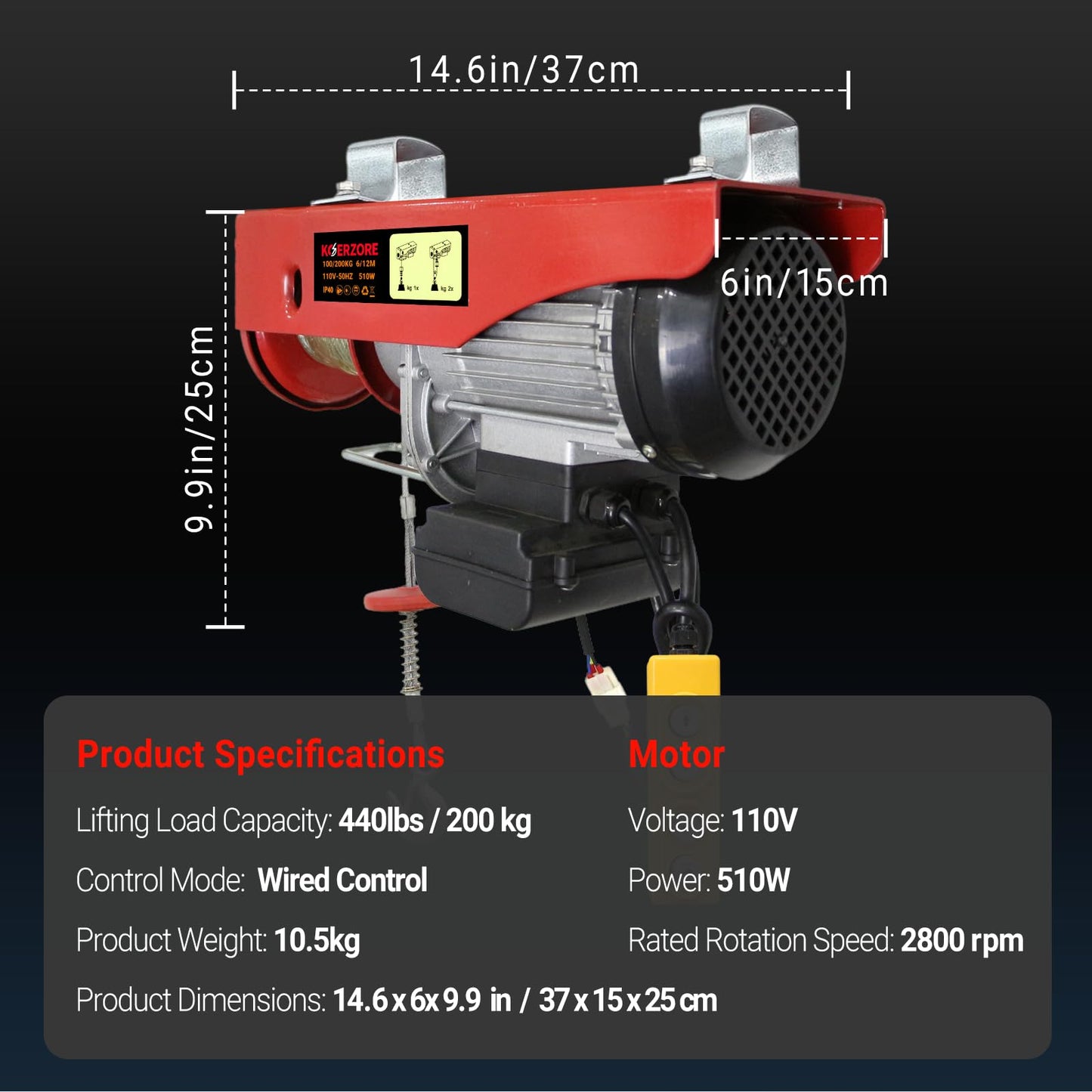 KOERZORE 440 Lbs Electric Hoist Winch with 14 ft Wired Control - 110V Electric Winch with 40ft Lift Height for Garage, Warehouse, ATV, Engine Hoisting, Furniture & Drywall Lifting