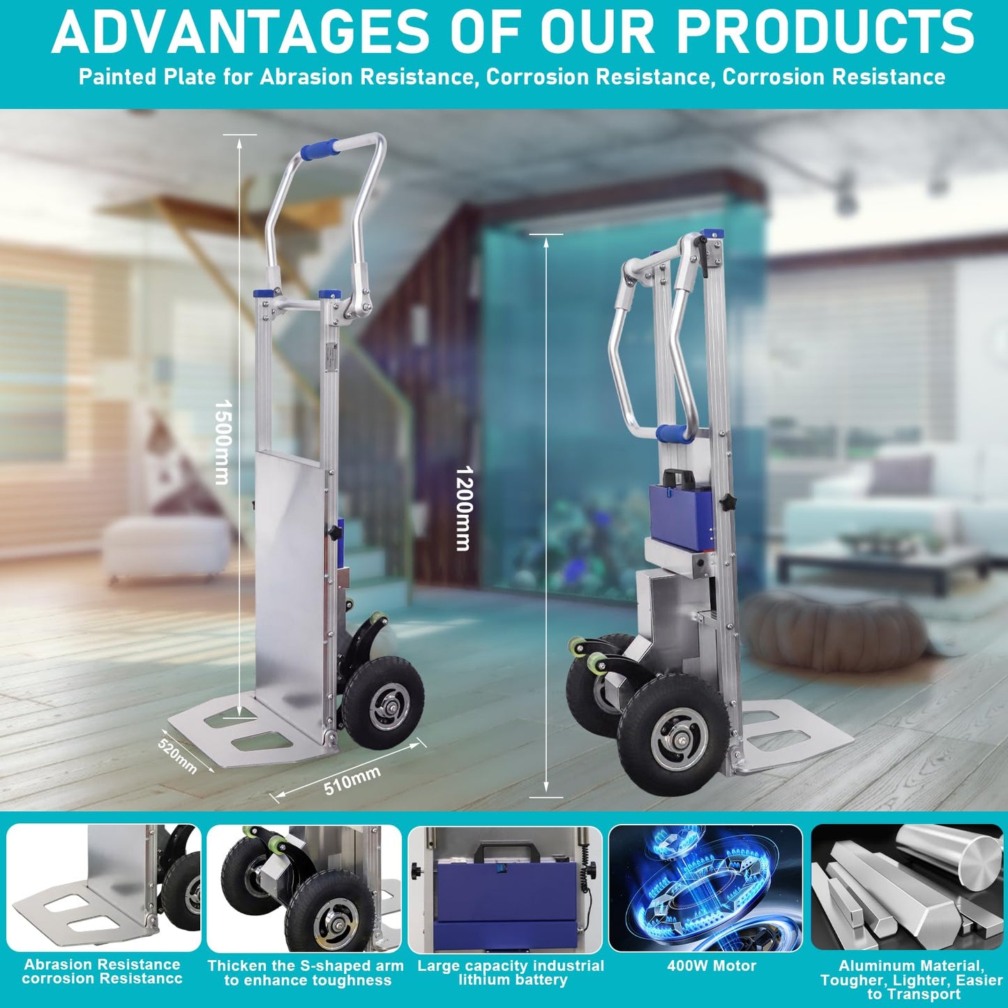 HITUGU Electric Stair Climbing Hand Trucks Dolly Cart, 440lb Load Capacity Heavy Duty Aluminum Powered Stair Climbing Cart with Extensible Handle