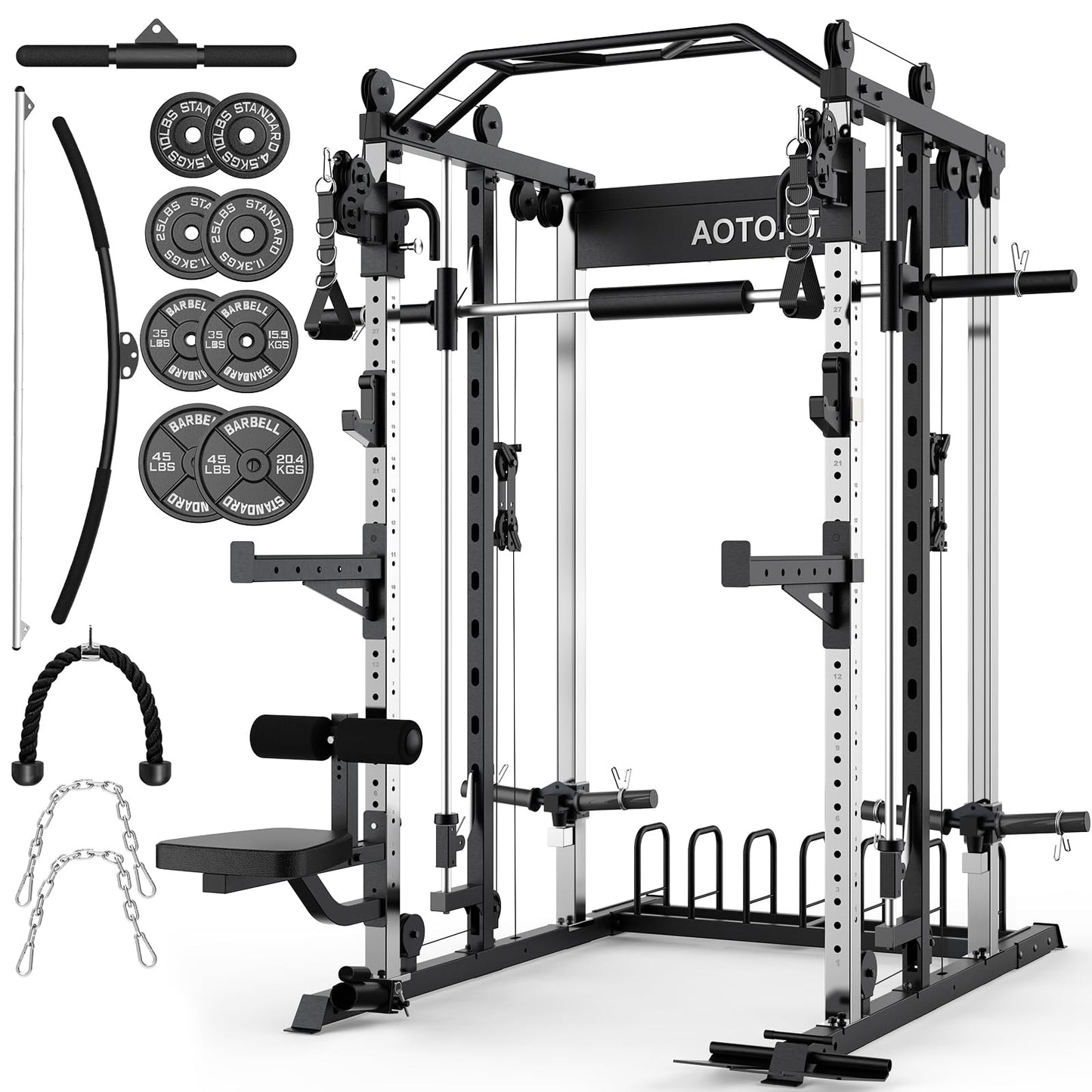 AOTORJAY Smith Machine with 230lbs Weight Plates - All-in-One Home Gym Power Cage with Cable Crossover, LAT Pull-Down, Squat Rack, Leg Press & Training Attachments for Full Body Strength Training