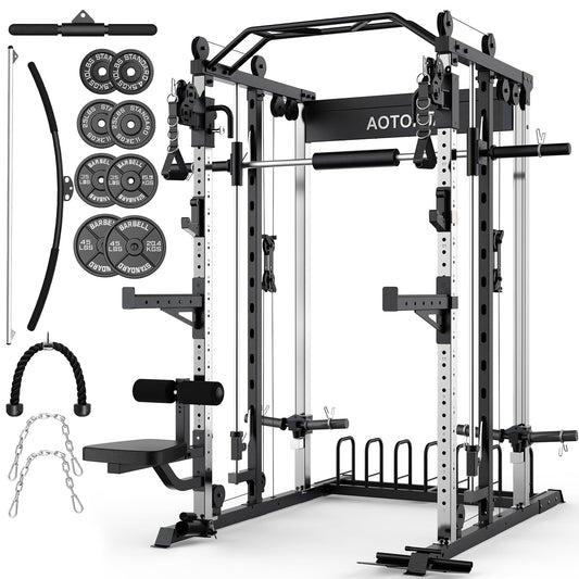 AOTORJAY Smith Machine with 230lbs Weight Plates - All-in-One Home Gym Power Cage with Cable Crossover, LAT Pull-Down, Squat Rack, Leg Press & Training Attachments for Full Body Strength Training