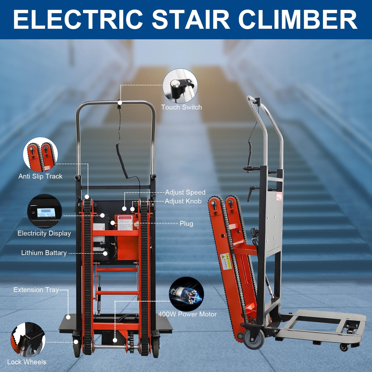 CAMINI 880lb Electric Stair Climbing Hand Trucks Dolly Cart for Moving, 500W-850W Motor Power Heavy Duty Folding Stair Climber Cart Hand Trolley with Solid Wheel (Small Rubber Tracks-Orange)
