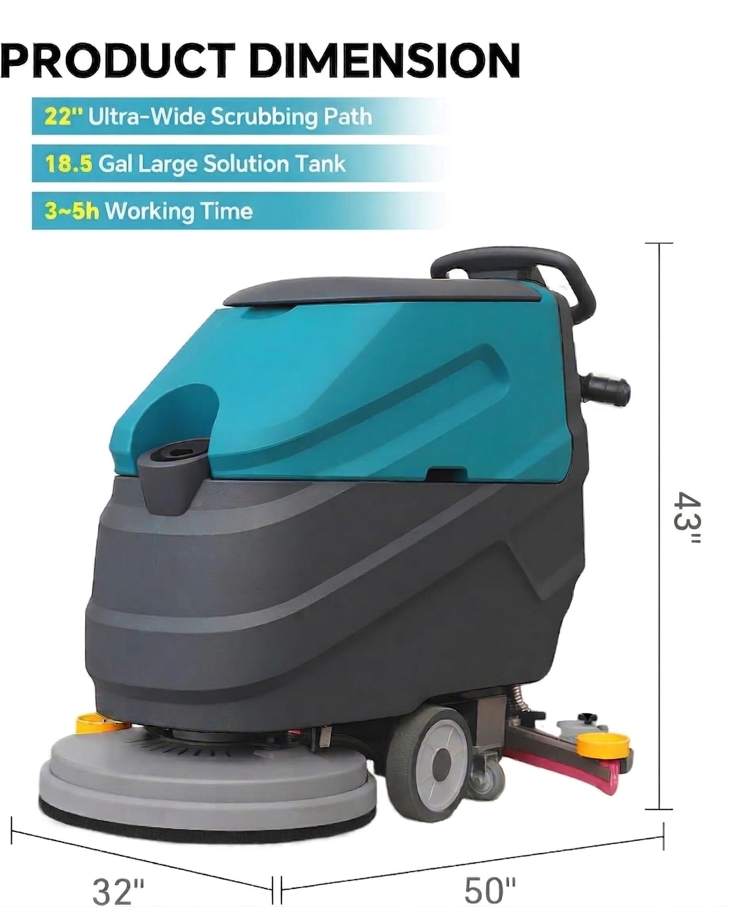 Commercial Floor Scrubber Machine Walk Behind, 22" Cleaning and 33" Suction Width, 18.5-Gal Sewage and 15.9-Gal Water Tank, 32000 Sqft/h, Cordless, Complete Set of Parts