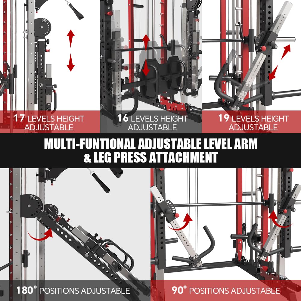 FAGUS H Commercial Smith Machine with Weight Bench Combo, 4000LB Power Cage Squat Rack with Lever Arm, Leg Press, Multi-Function Linear Bearing Cable Crossover Machine for Home Gym, Red