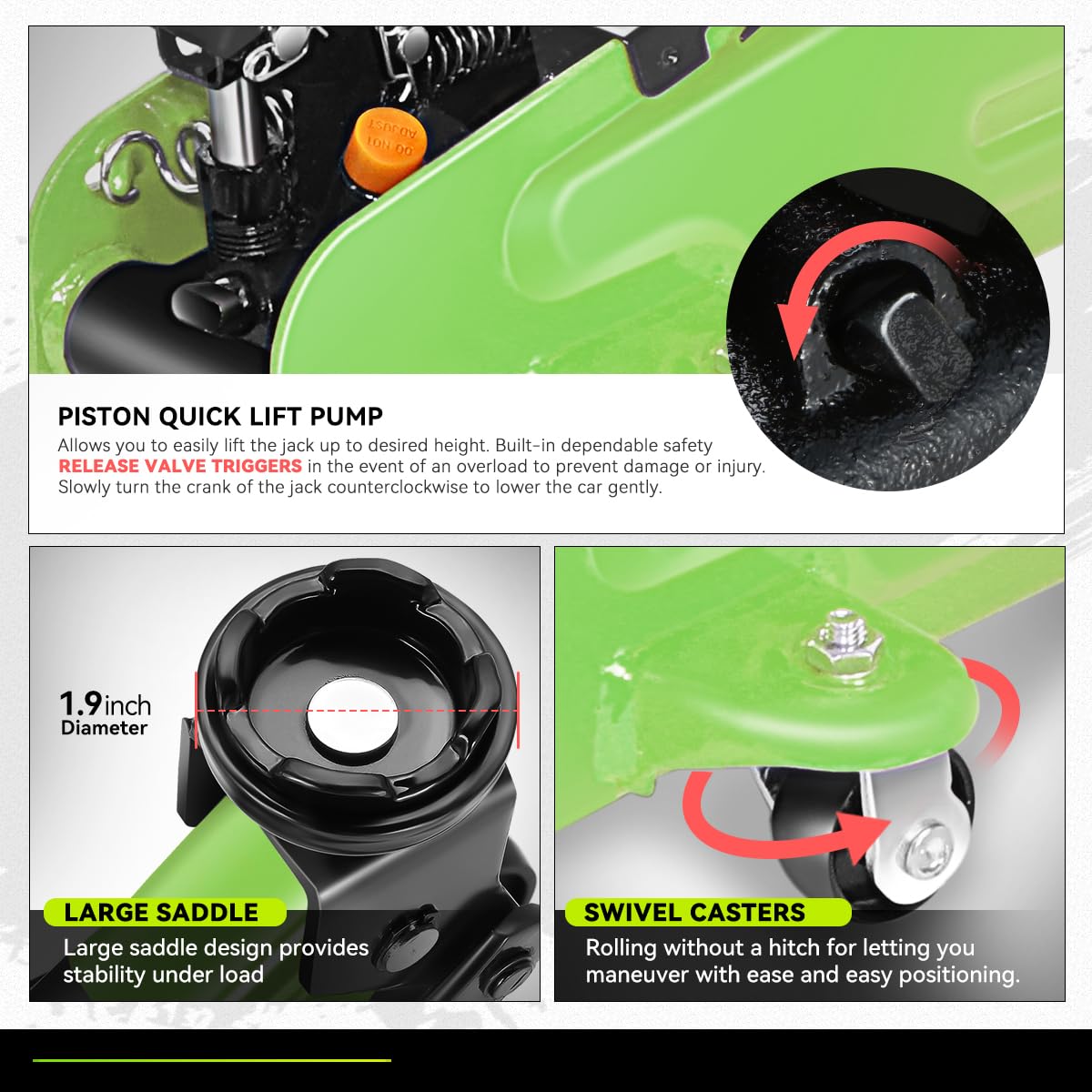 PM PERFORMOTOR Low Profile Hydraulic Trolley Service/Floor Jack Combo with 2 Ratchet Jack Stands, 2 Ton (4000 lbs) Capacity, Green,PM-TOL-FJ3P-GR