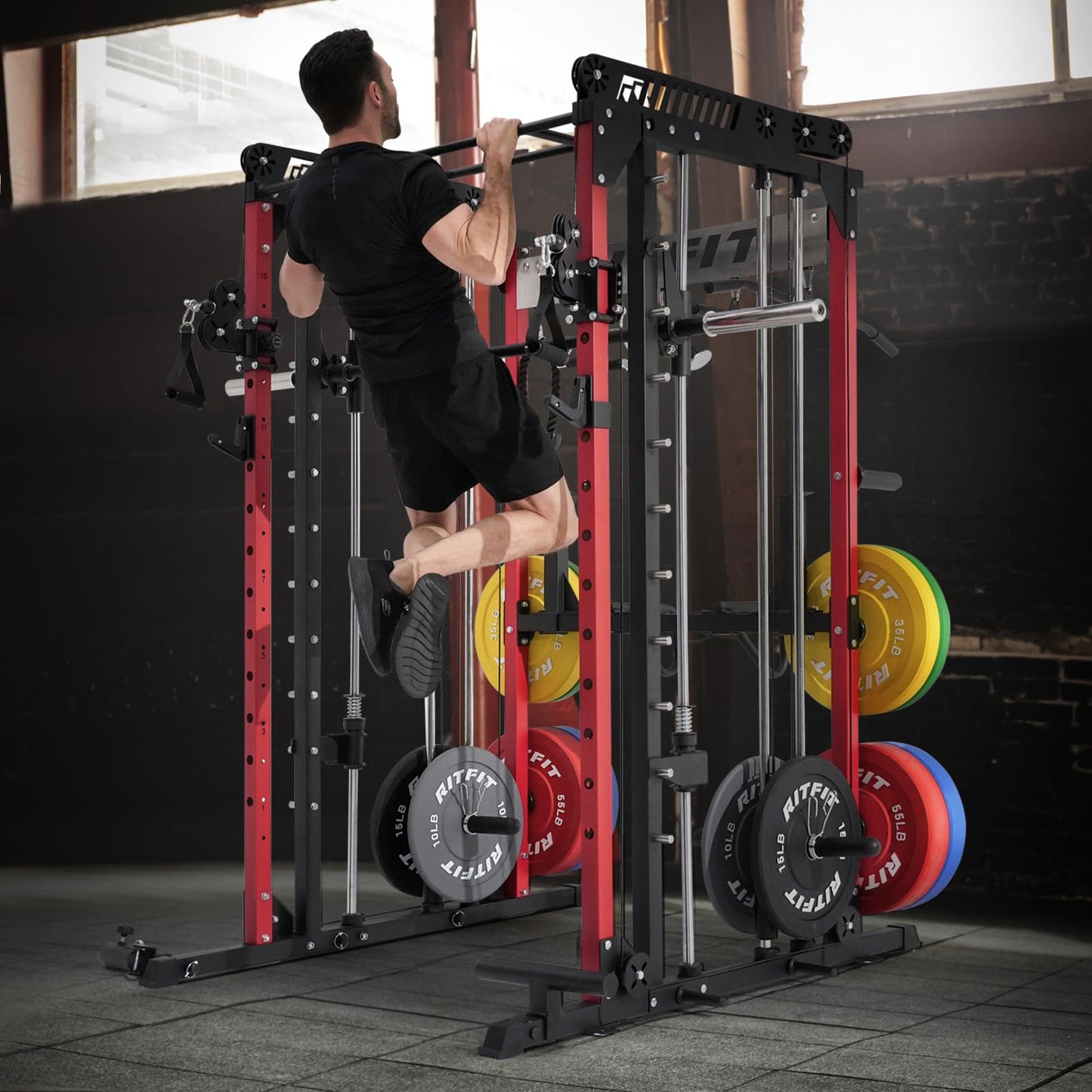 RitFit M1 Smith Machine with Cable Crossover System, Multi-Function Squat Rack Power Cage for Home Gym, Power Rack and Packages (M1 Package (with Color BP 260 LBS), Red)