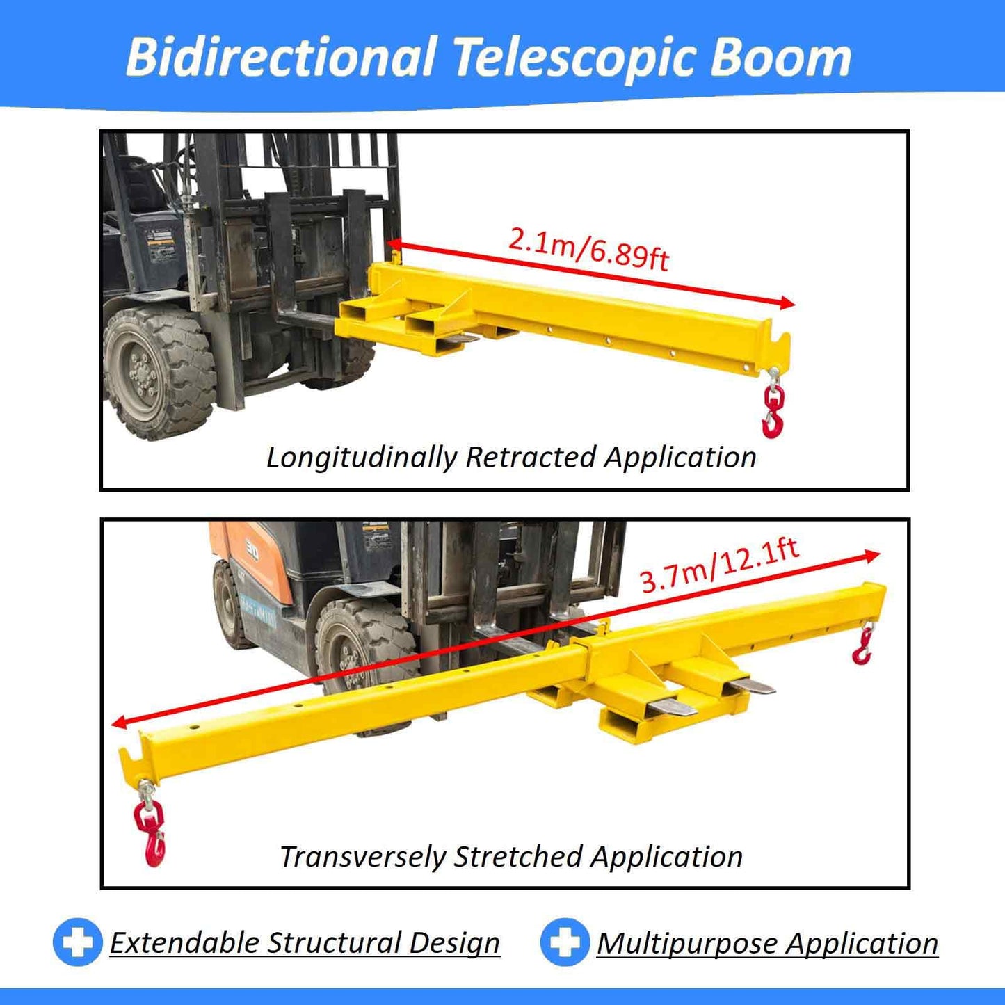 BEILOCKERY Forklift Jib Crane 6600lbs/3 Ton Capacity, Telescopic Boom with Transverse & Longitudinal Direction, Adjustable Mobile Hoist with Truss Boom & 2 Hooks, Max Reach 145.2 Inches