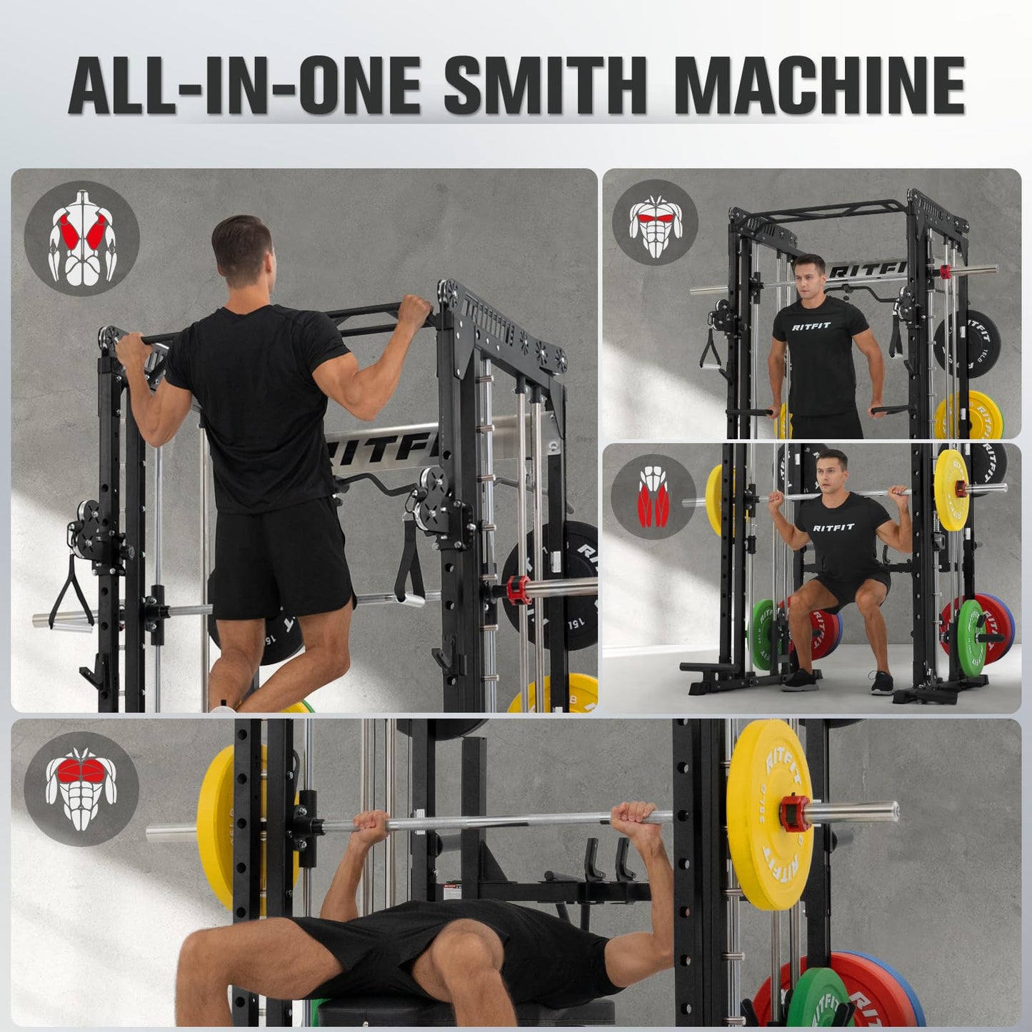 RitFit M1 Pro Smith Machine with LAM1 Adjustable Lever Arm Attachment, All-in-One Power Cage, Power Rack with LAT Pulldown & Cable Crossover System for Home Gym(Black,BP230)