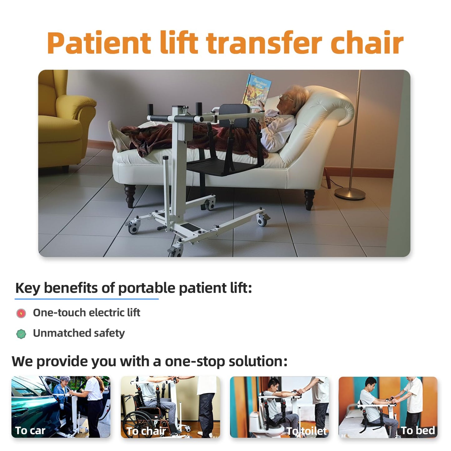 Electric Patient Lifter Transfer Chair, Portable Folding & Transfer Lift for Car, Lift Aid for Disabled, Lift Elderly Seniors from Bed to Wheelchair, Daily Lift and Transport Need for Home Use