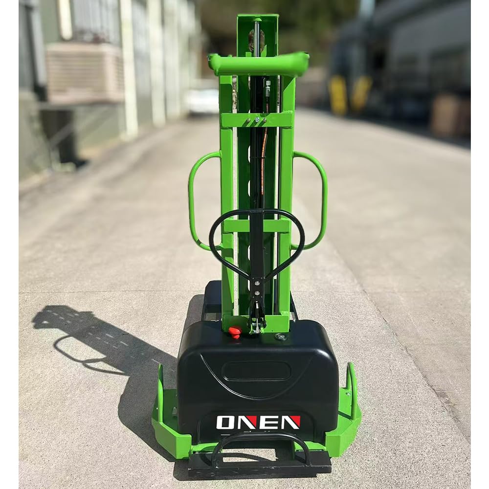 ONEN Semi Electric Pallet Stacker, 1102.3 lbs Capacity, 62.99 inch Lift Height, Self Elevating Forklift with Fixed Cross Legs, Green and Black Material Handling Truck