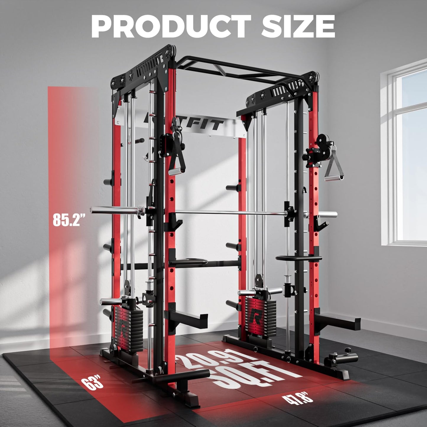 RitFit M1 Pro Smith Machine with LAM1 Adjustable Lever Arm Attachment, All-in-One Power Cage, Power Rack with LAT Pulldown & Cable Crossover System for Home Gym(Red with Weight Stack)
