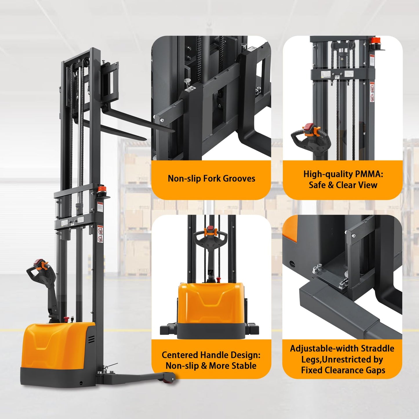 APOLLOLIFT Fully Powered Electric Stacker with Straddle Legs, 3300 lbs Capacity 138" Lift Height, Fully Electric Material Handling Lift Truck, with Adjustable Forks