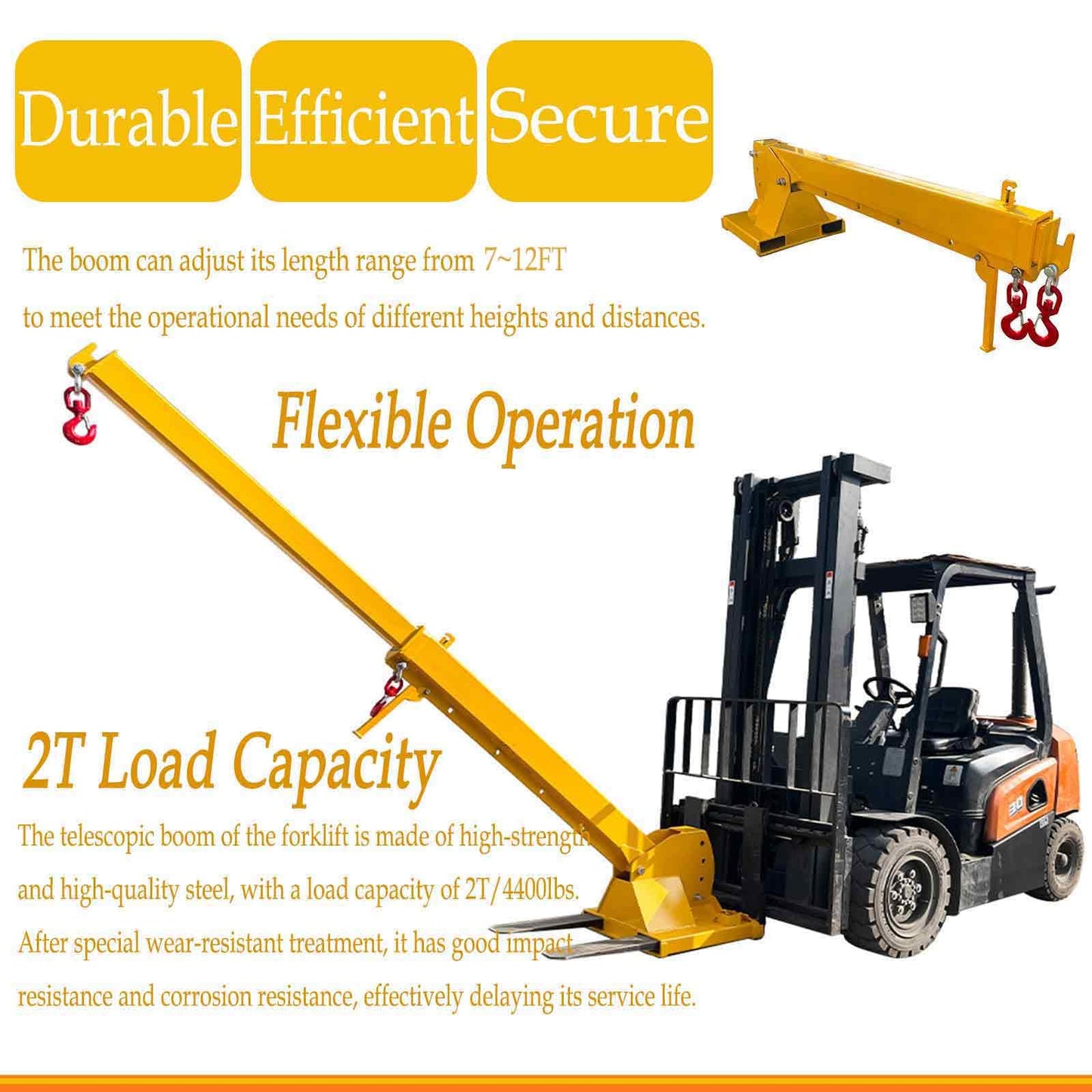 BEILOCKERY 2T/4400LBS Forklift Telescopic Arm with Adjustable Tilt Angle 0-75°, 7-12FT Mobile Crane Lifting Hoist Truss Jib Boom with Hook, Multi-Functional Accessories for Forklifts Cranes