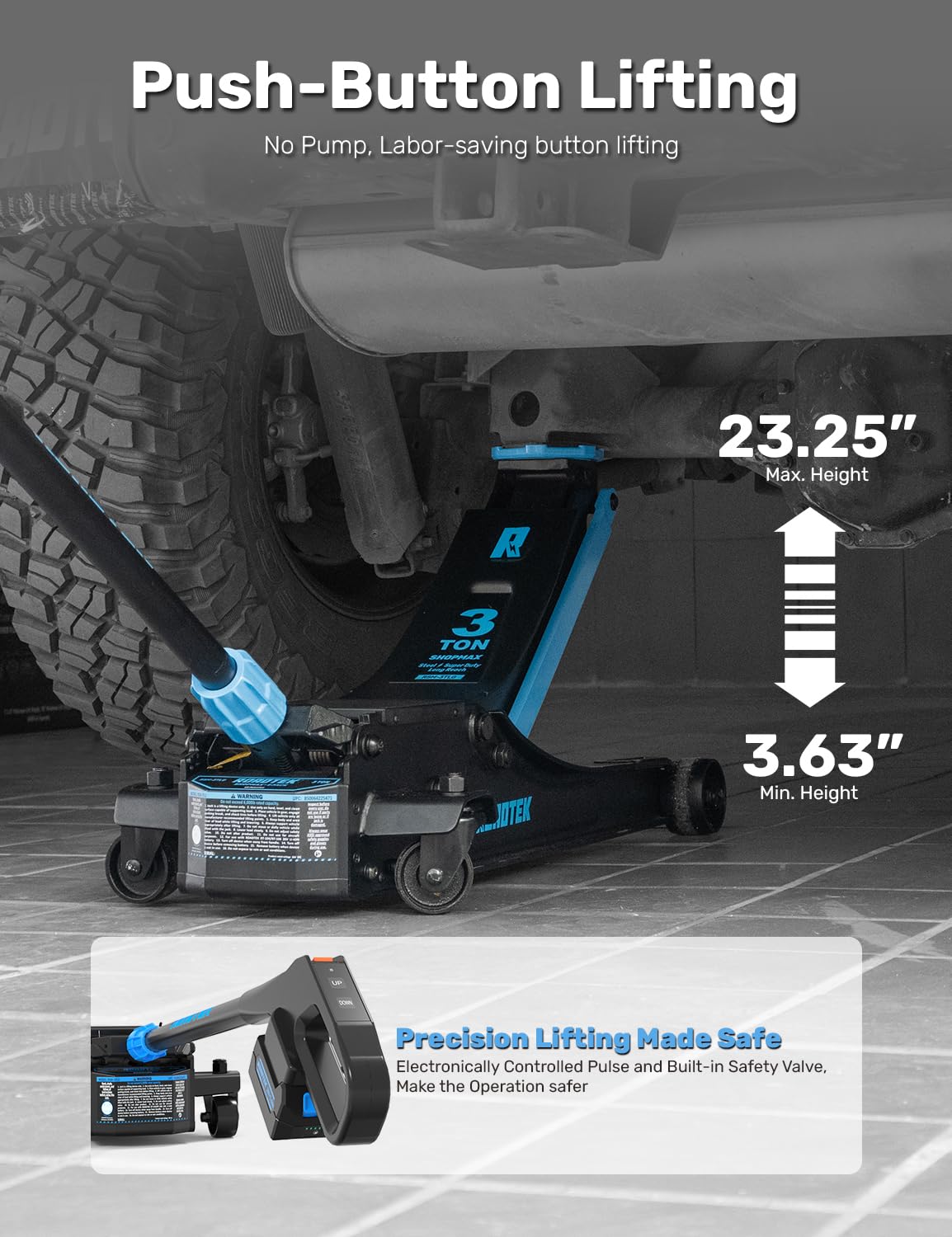 ROADTEK 3 Ton Electric Floor Jack, Low Profile Jack for Quickly Car Lift, Hydraulic Service Jack, 6000 lbs Capacity. Lifting Range 3-3/8" to 24-1/4"(Caster Wheel)