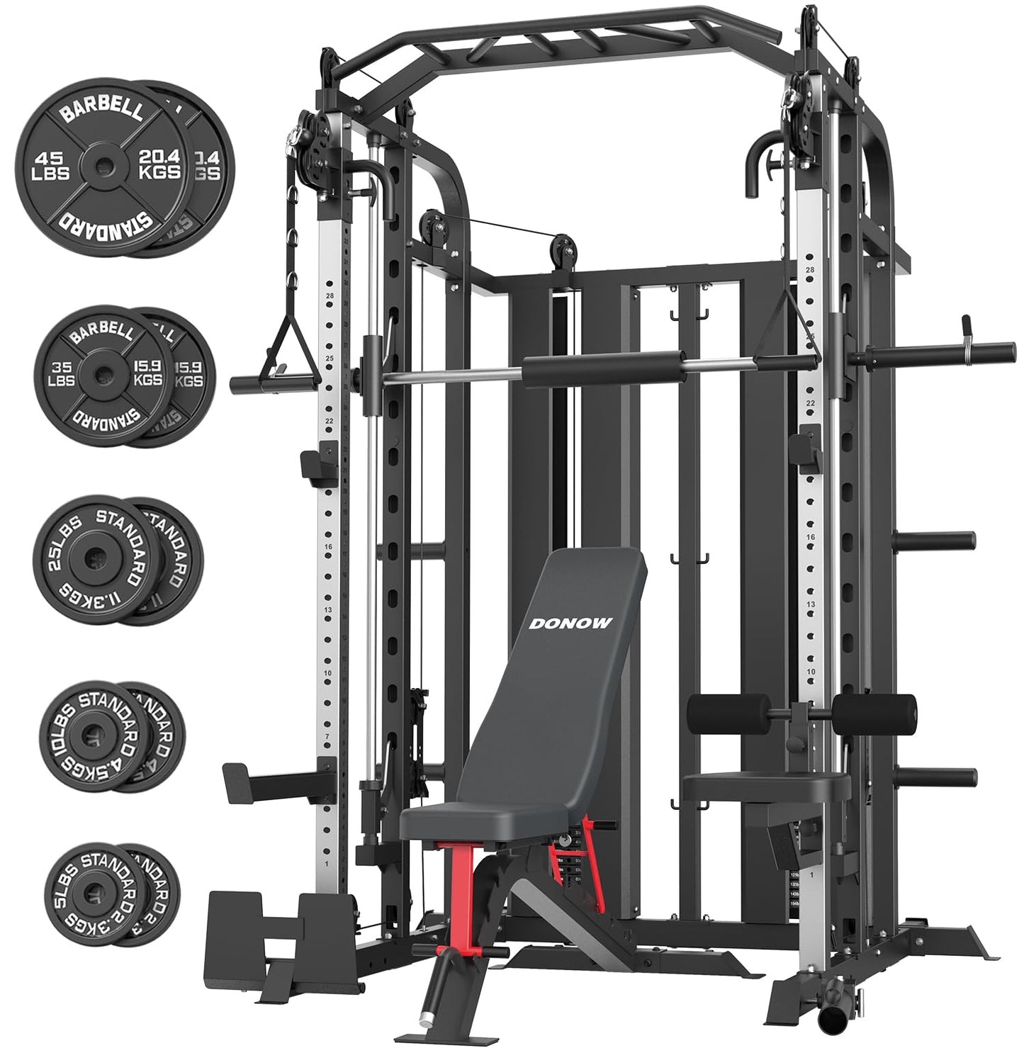 DONOW Smith Machine with Weight Stacks, Multi Function Home Gym System Training Power Cage Squat Rack Dual Cable Crossover Machine All in One