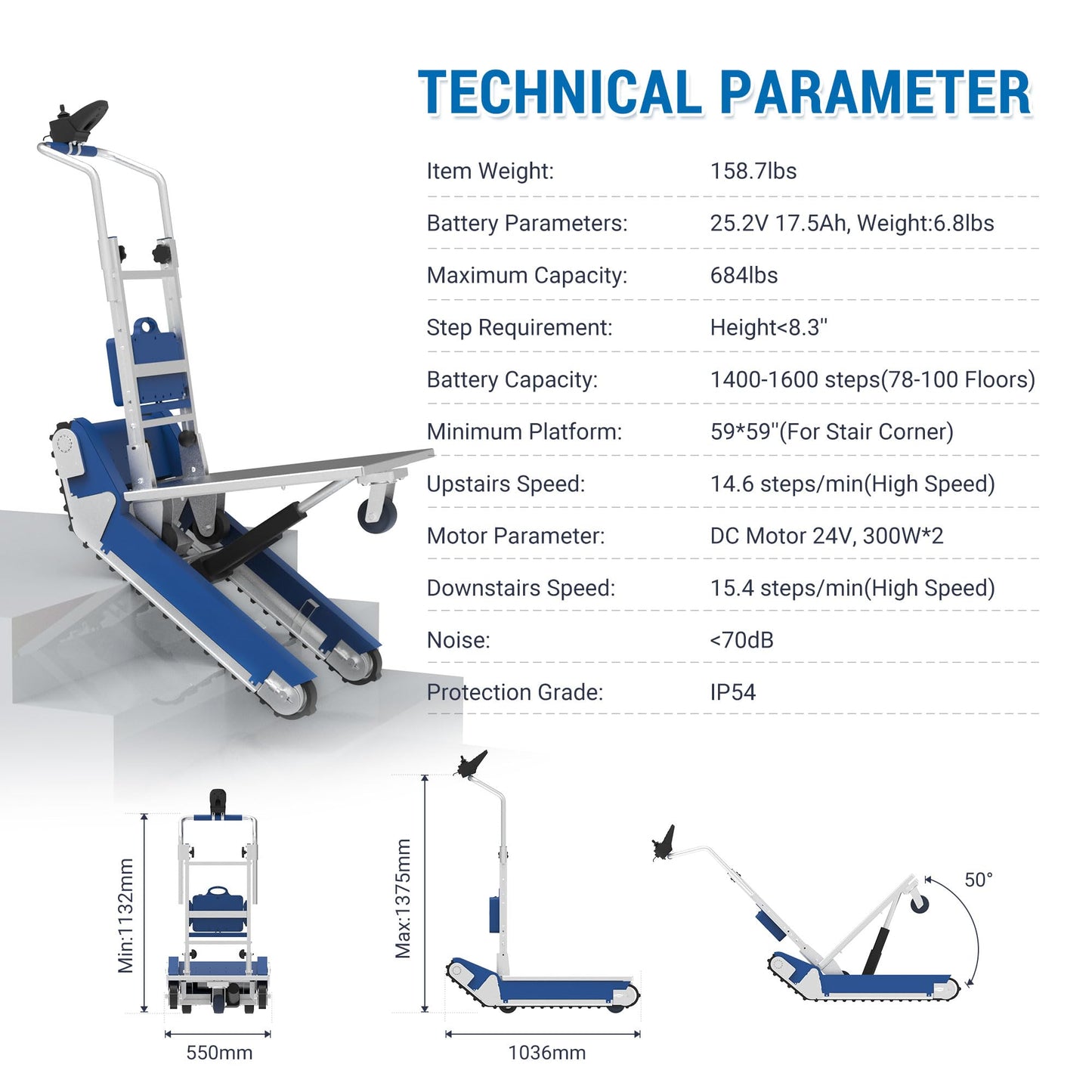 XSTO CT310 Electric Crawler Dolly - 684 LBS Load Capacity, Powered Tracked Stair Climber Trolley with Anti-Slip Design for Heavy Duty Material Handling