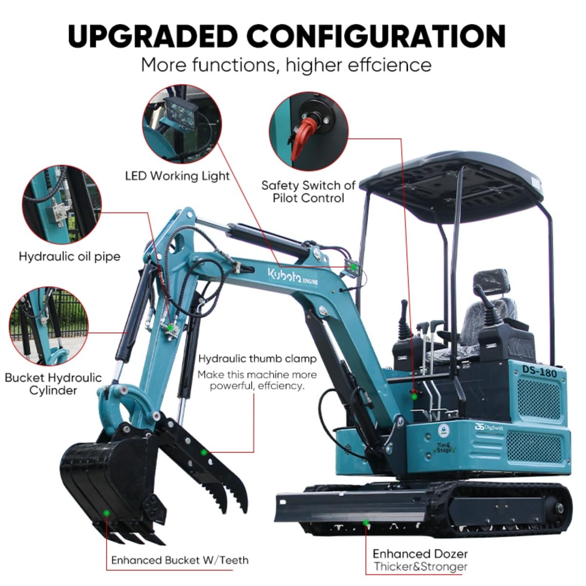 DS-180, 1.8 Ton New Pilot Control KubotaEnigne Diesel Mini Excavator, W/Hydraulic Thumb, Auger, Bucket, US in Stock, Include Delivery & Unloading, 12 Months Parts Replacement Service