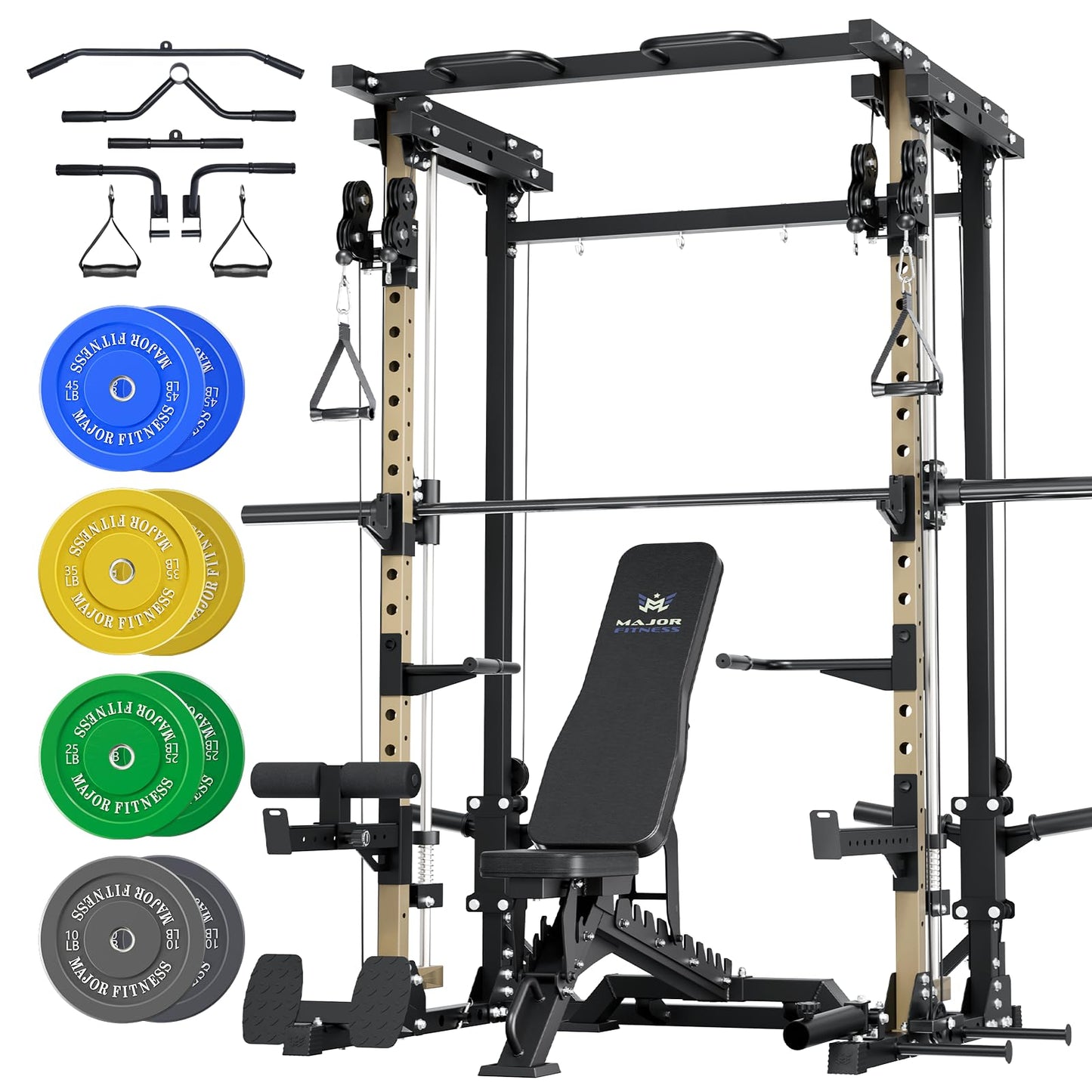 Major Fitness Drone3 Smith Machine with Weight Bench & 230lb Weight Plates, All-in-One Home Gym Squat Rack with Cable Crossover & Pull-Up Station, Heavy-Duty Strength Training, Khaki