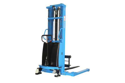 Eoslift S15J Powered Lift / Semi-Electric Stacker With Adjustable Forks and Support Legs, 118" Raised Height, 42" Length X 8.3"-33" Adjustable Width Fork, 3300 Lb. Capacity