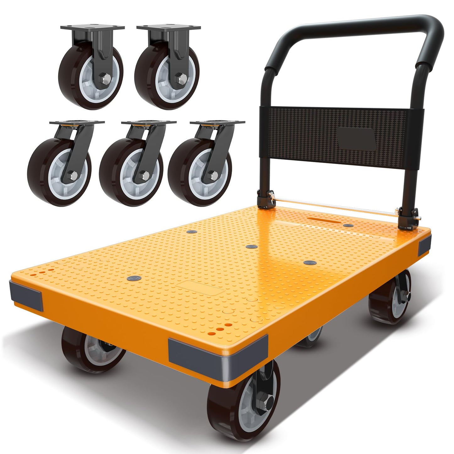 WUD Push Cart, Folding Mobile Platform Trolley,Thickened and Reinforced, 360° Swivel Wheels,28.3 “L x 18.9 ”W, 660 lb. Yellow Dolly cart with Wheels