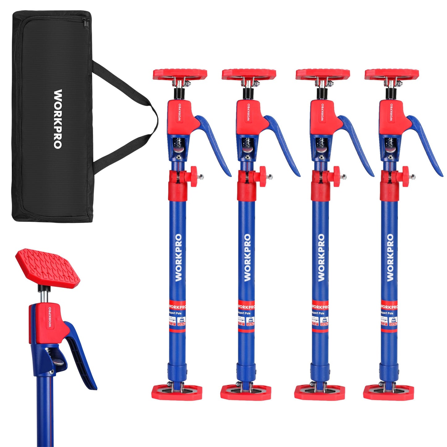 WORKPRO Cabinet Jack Support Pole, 23-5/8" to 45-1/4" Steel Telescopic Quick Support Rod Adjustable 3rd Hand Support System with 154 lbs Capacity for Cabinet Jack, Drywall Jack& Cargo Bars, 4-Pack