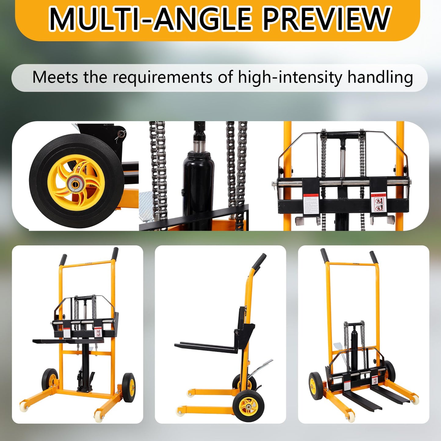 Heavy Duty Manual Pallet Stacker - 440 LB Capacity Hydraulic Lifting Equipment, 35.5" Lift Height with Adjustable Forks & 4-Wheel Mobility, Sturdy Steel Commercial Warehouse Tool, Yellow