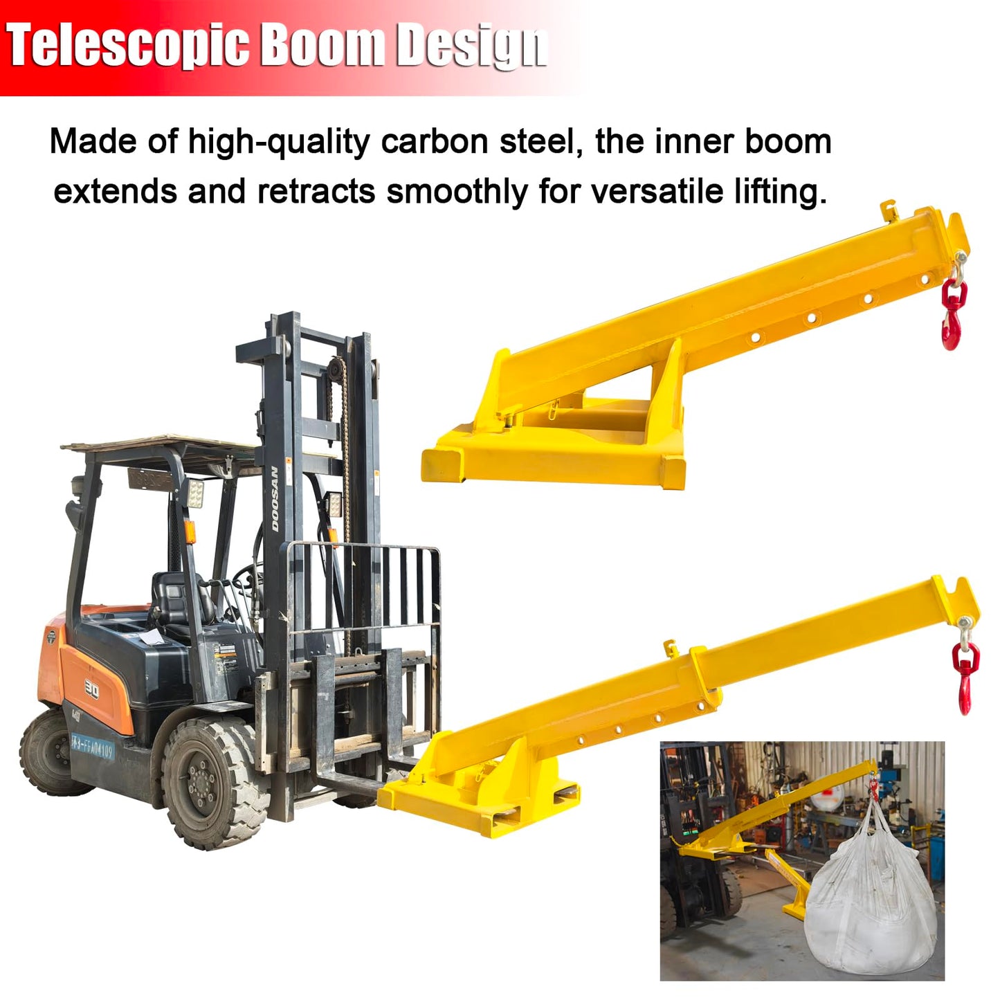 EQCOTWEA 4-Ton Telescopic Forklift Crane Boom Mobile Adjustable Lifting Jib with 8800LB Capacity & 94.5" Extendable Truss Arm, Heavy-Duty Lifting Hoist Truss Jib Boom for Forklifts and Hoists