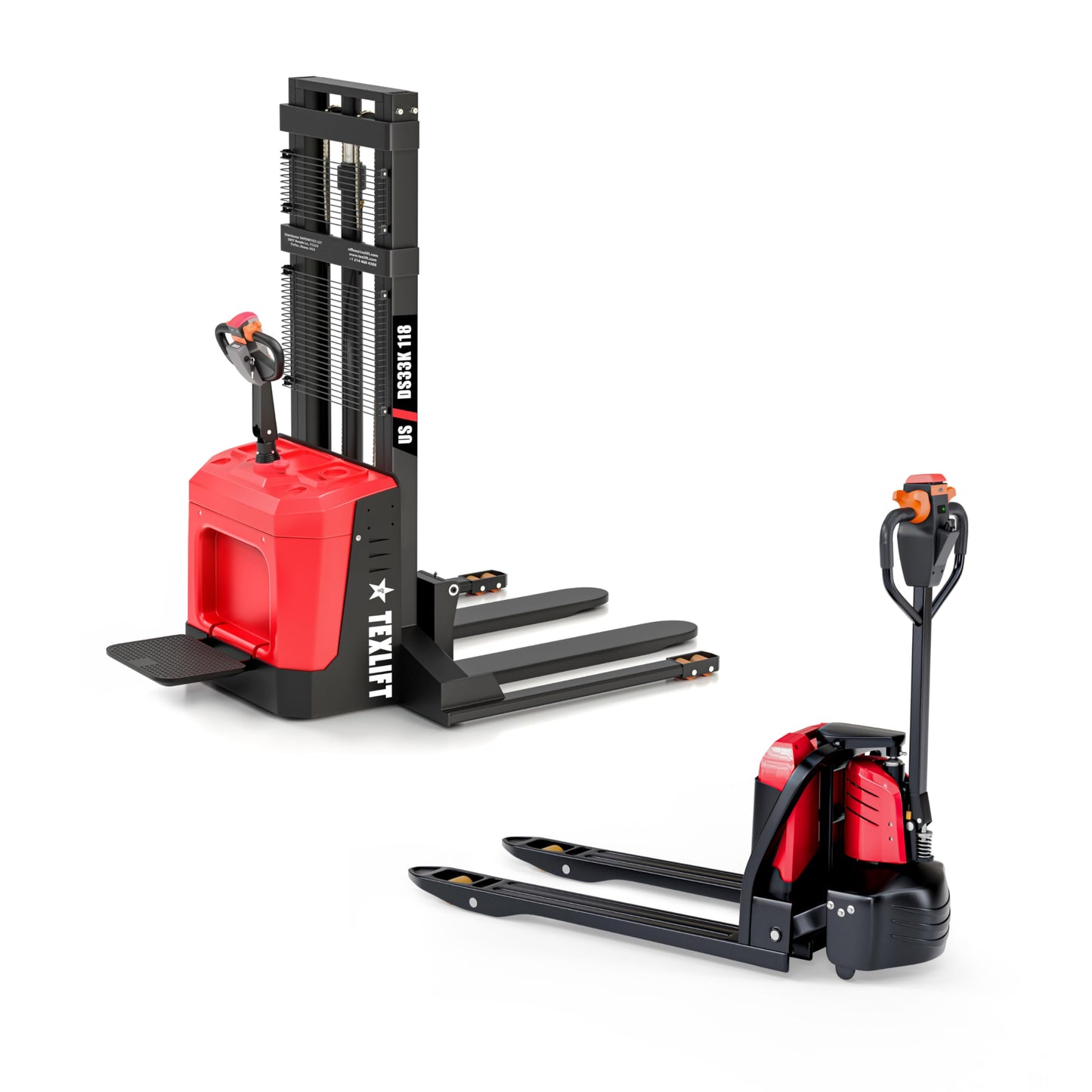 Electric Pallet Stacker & Electric Pallet Jack Combo – 3300 lb Capacity, 118″ Lift Walkie Stacker with Stand + 48″x27 Fork Electric Pallet Truck, Lithium Battery Powered Warehouse Equipment