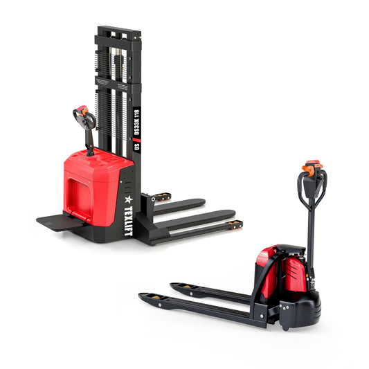 Electric Pallet Stacker & Electric Pallet Jack Combo – 3300 lb Capacity, 118″ Lift Walkie Stacker with Stand + 48″x27 Fork Electric Pallet Truck, Lithium Battery Powered Warehouse Equipment