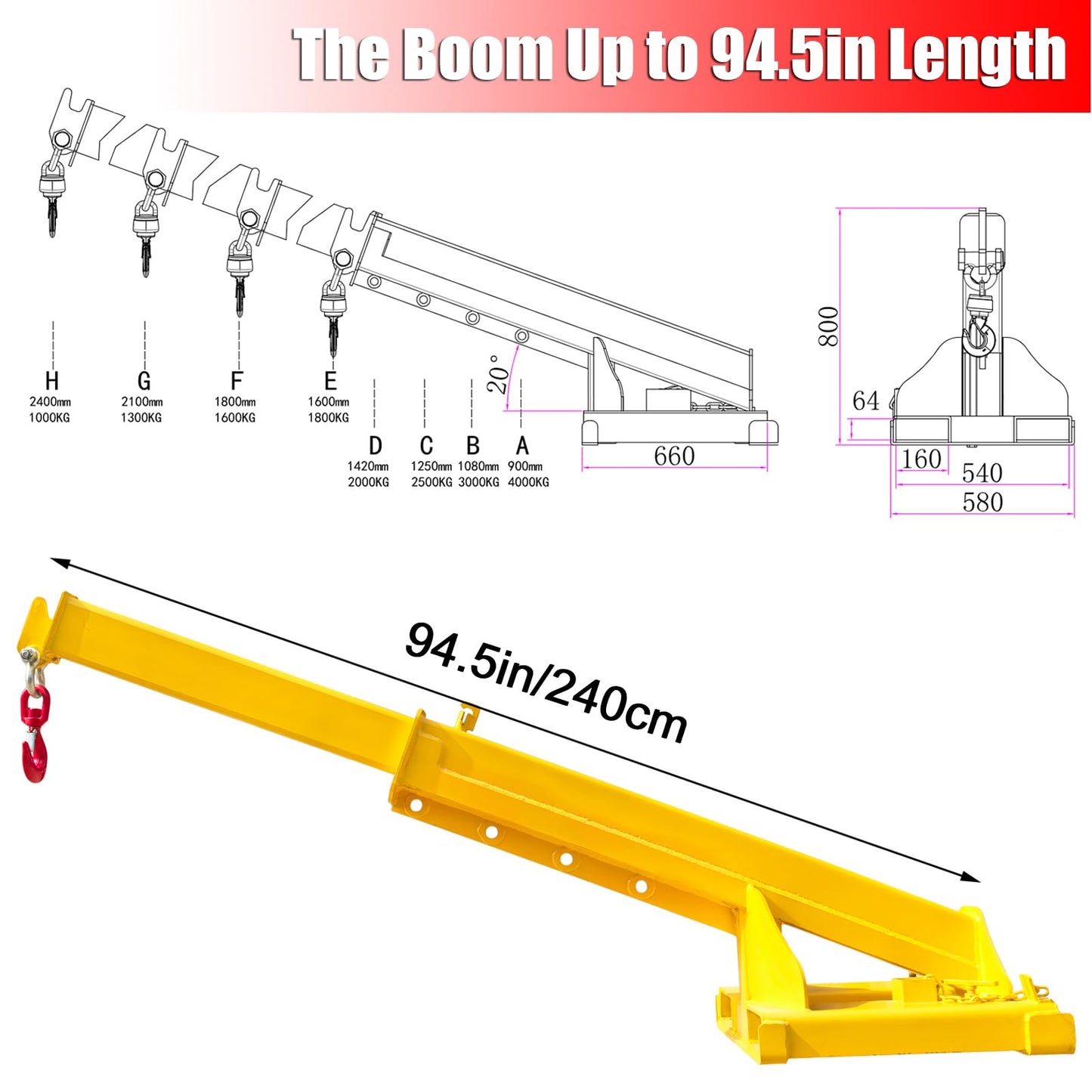 EQCOTWEA 4-Ton Telescopic Forklift Crane Boom Mobile Adjustable Lifting Jib with 8800LB Capacity & 94.5" Extendable Truss Arm, Heavy-Duty Lifting Hoist Truss Jib Boom for Forklifts and Hoists