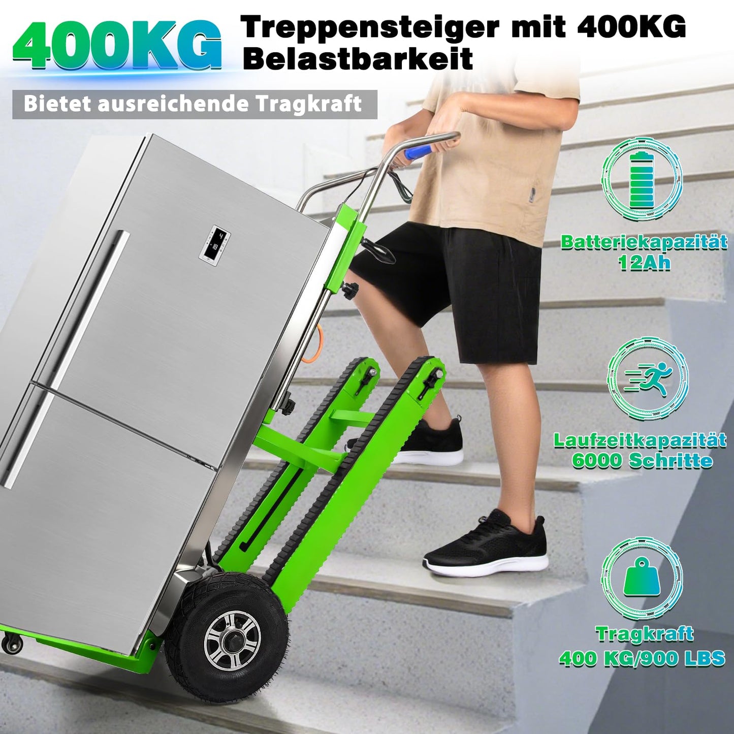 Electric Stair Climbing Dolly, 1250W Electric Hand Truck with Telescopic Handle, 3 Mode Folding Stair Climber 900lbs Max Load Capacity for Effortless Moving of Furniture (Green - Track & Wheel)
