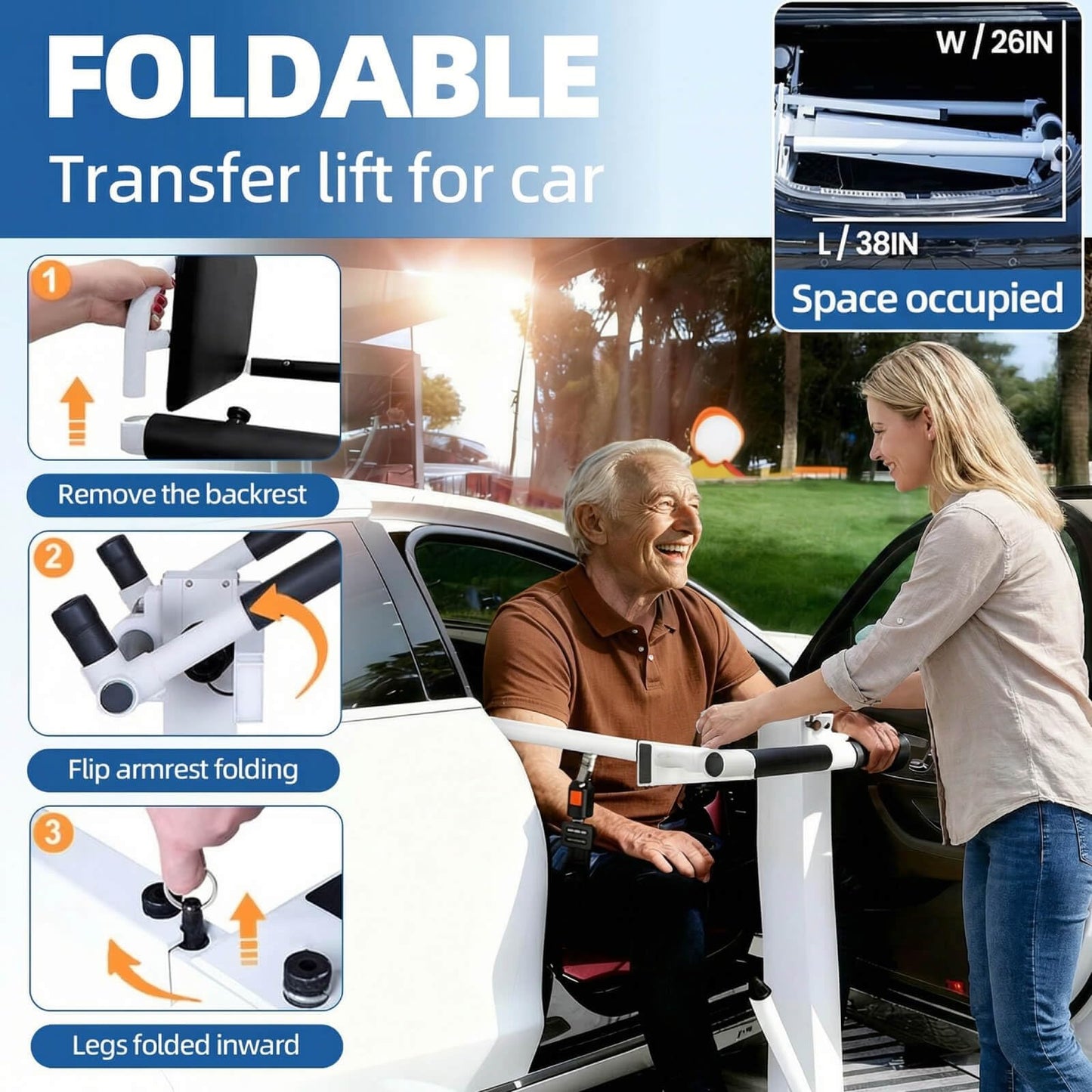 Electric Patient Lift Transfer Chair for Home Use, Portable Lift Transfer Chair for Elderly & Disabled, 330 lbs Capacity, Adjustable Height & Width, Foldable Electric Transfer Lift for Bed, Sofa & Car