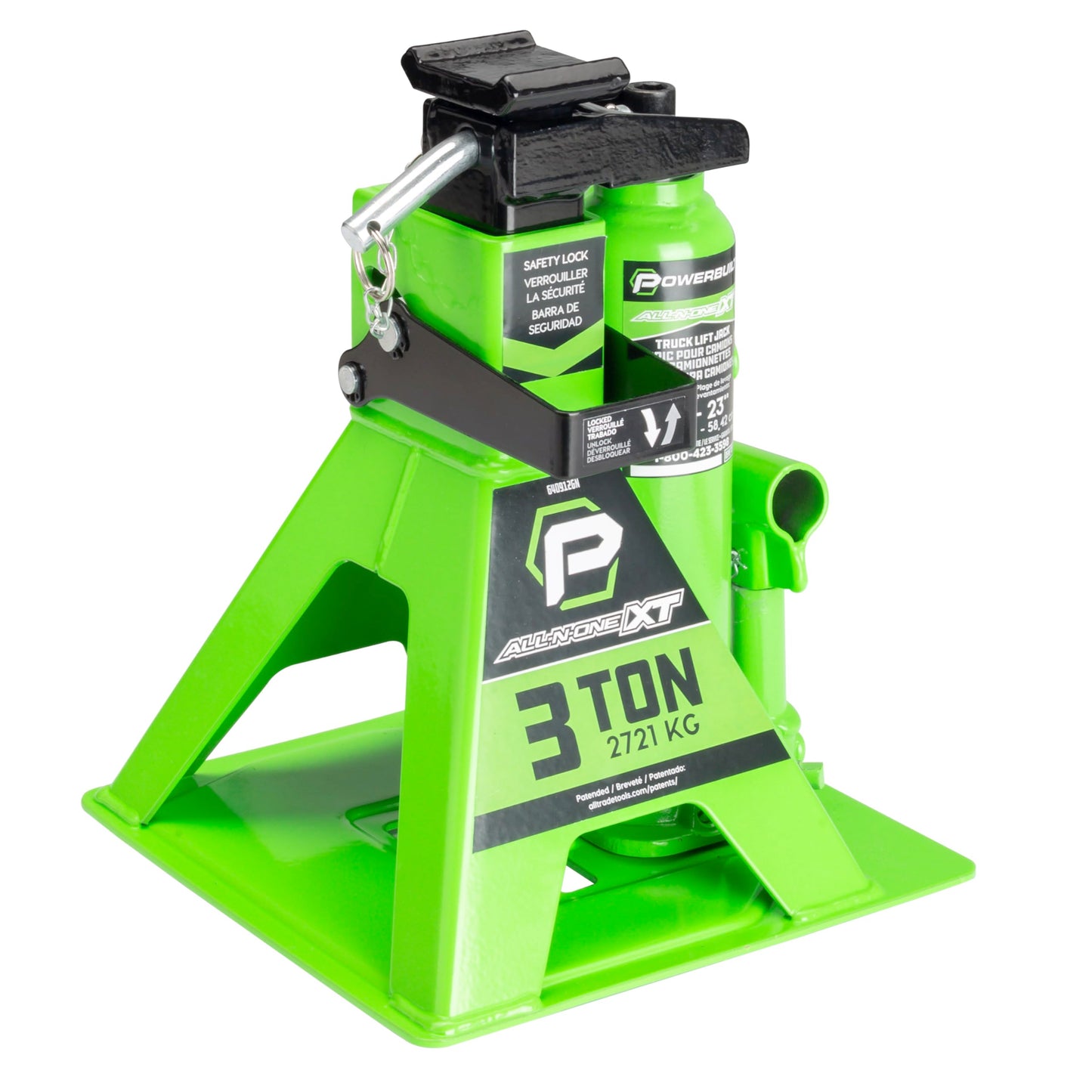 POWERBUILT 3 Ton All-in-One Hydraulic Bottle Jack and Jackstand in One, Compact, Wide Base, 11-21 inch Range, Eliminates Jackstands, for Trucks, SUVs, RVs, Trailers, Not for Sedans (Green) 640912GN
