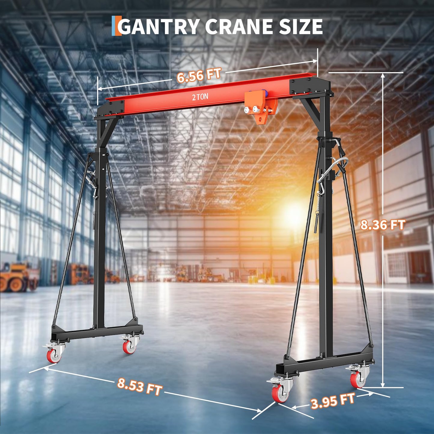 2 Ton Gantry Crane, 8-12 FT Adjustable Height, 4400LBS Shop Lift Hoist with Manual Trolley, Hook & Shackles for Warehouse, Factory