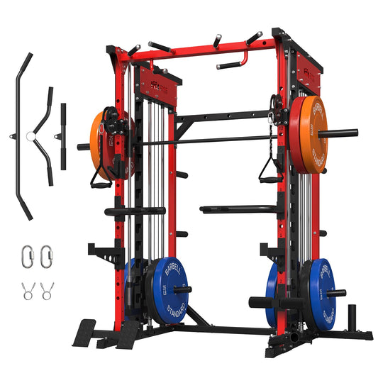 ONNO Smith Machine, 2200lbs Squat Rack with LAT-Pull Down & Cable Crossover System, Multi-Function Power Cage for Home Gym with Leg Hold-Down Attachment, Red