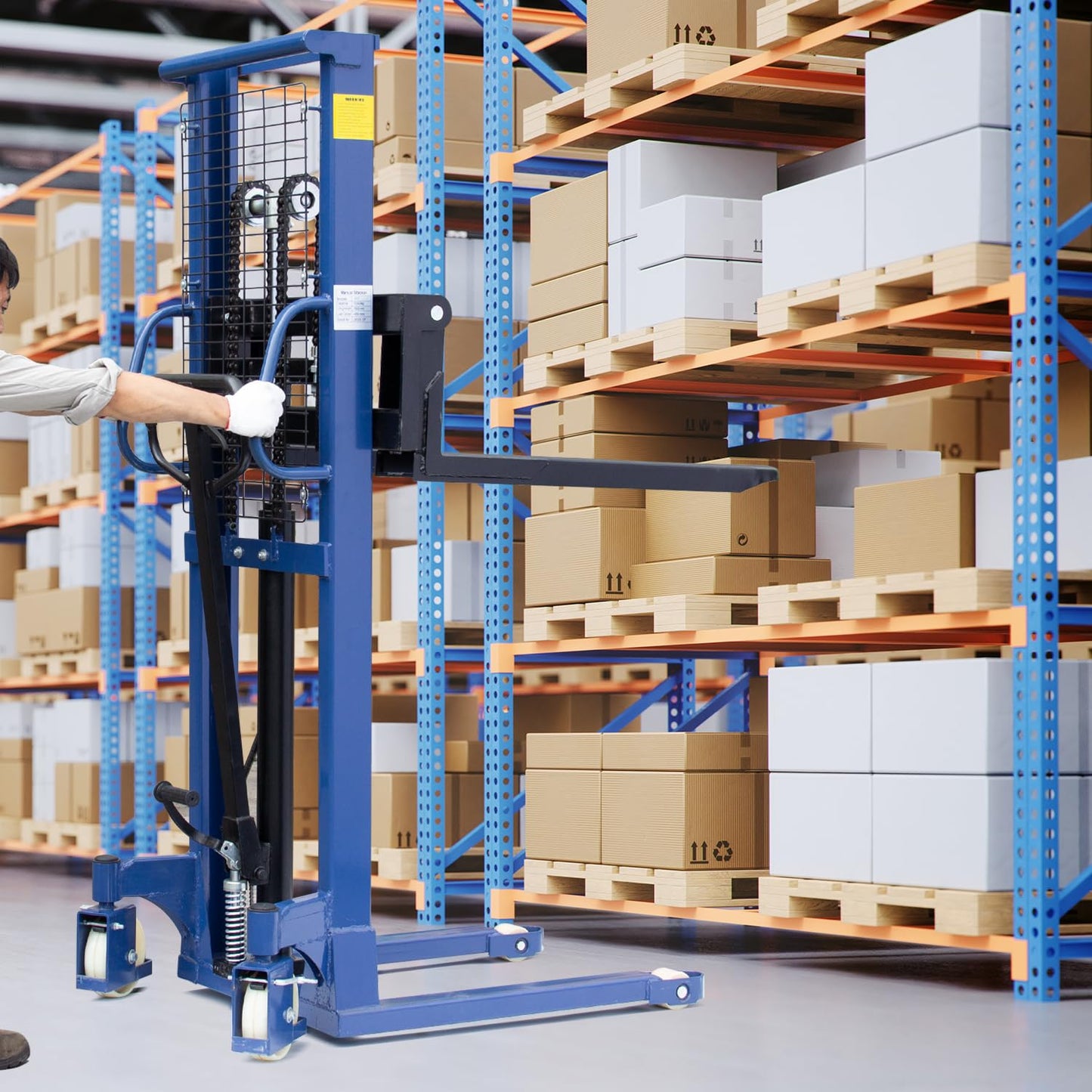 2200Lbs Manual Pallet Stacker - 63 Inch Lift Height Fixed-Fork Lifter | Adjustable Forks for Open Deck Pallet, Heavy-Duty Warehouse Lifter w/Safety Lock