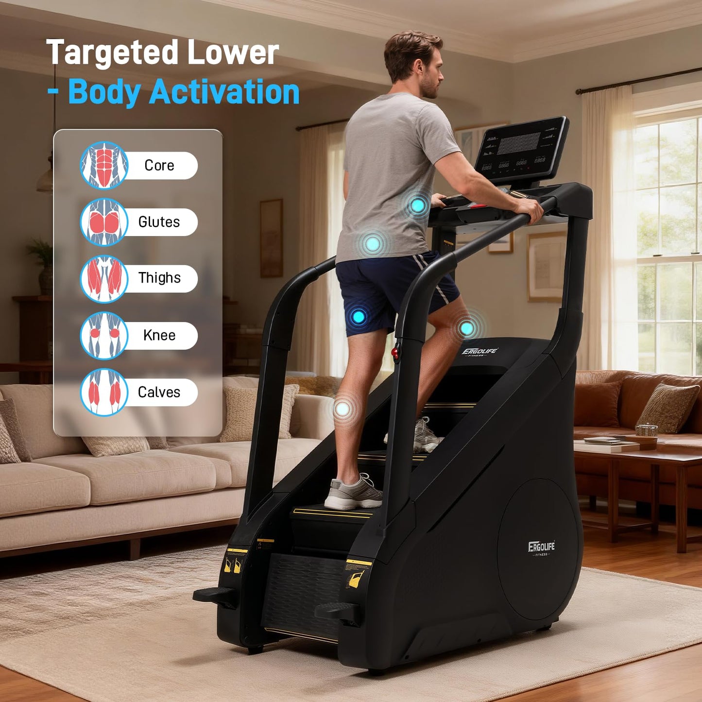 ERGOLIFE Stair Stepper Machine for Home Gym, Stair Climber with 25 Resistance Levels, 660 lbs Capacity, 7-Level Safety System, Natural Floating Step, Quiet Cardio Workout Machine with LED Touchscreen