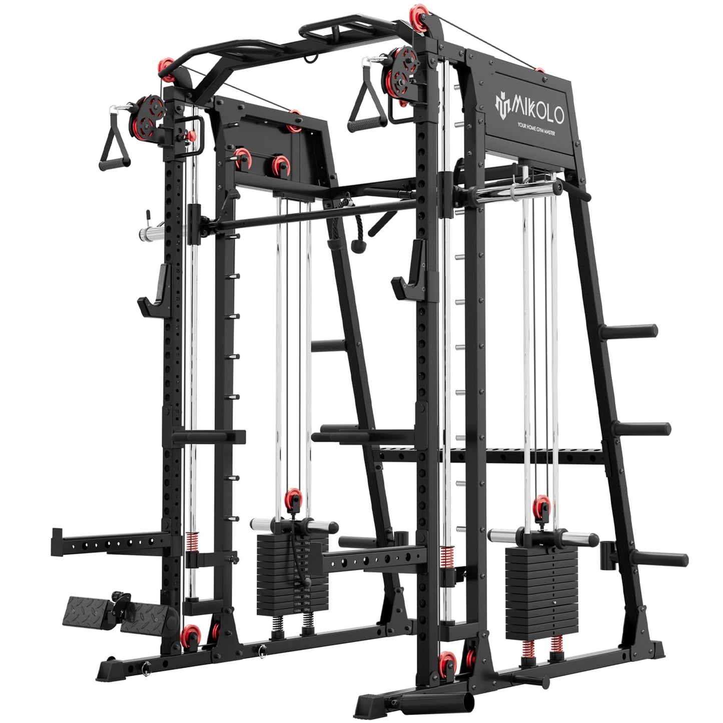 Mikolo M4 2.0 Elite Smith Machine, Multi-Function Squat Rack with LAT-Pull Down System & Cable Crossover Machine, Training Equipment with Leg Hold-Down Attachment, Black