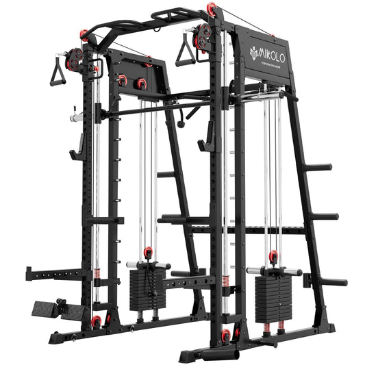 Mikolo M4 2.0 Elite Smith Machine, Multi-Function Squat Rack with LAT-Pull Down System & Cable Crossover Machine, Training Equipment with Leg Hold-Down Attachment, Black