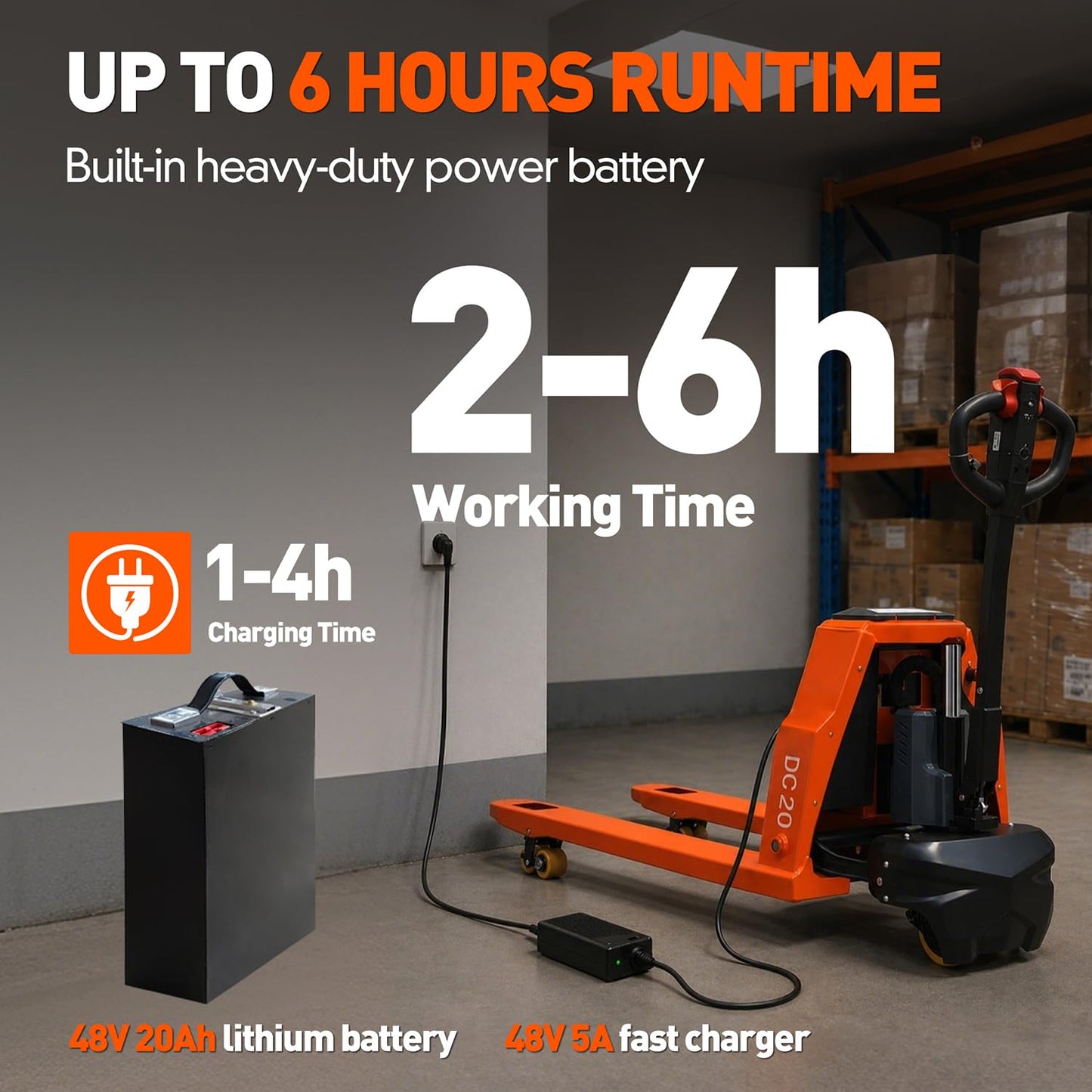 Full Electric Pallet Jack, 4400lbs Capacity Electric Pallet Trucks, 48V 20AH Lithium Battery Powered, 48" x 27" Fork Size, 6 Hours Working Time, 3.35 to 7.68 Inch Lift Height, for Material Handling