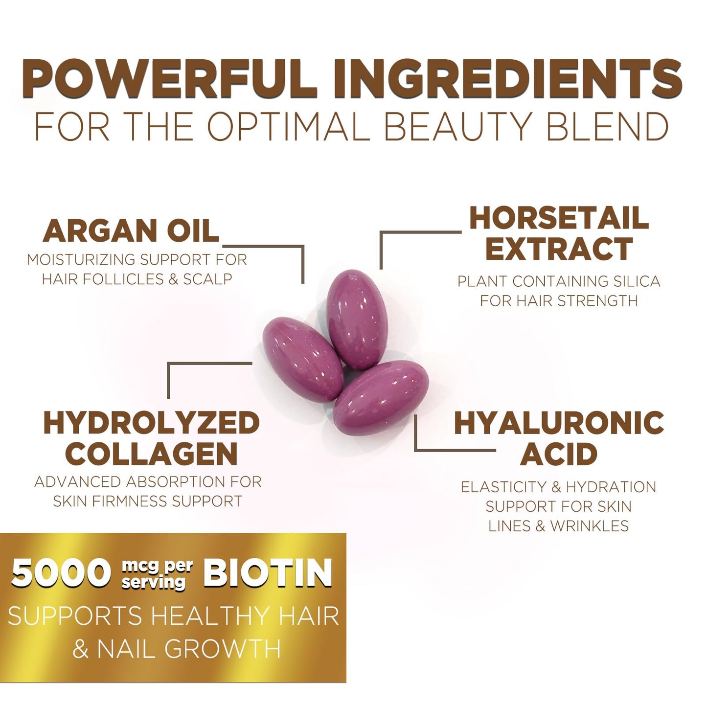 Hair, Skin & Nails Vitamins - Biotin 5000mcg Per Serving - Extra Strength Hair Growth Support For Women with Collagen, Argan Oil - Beautiful Skin, Hair & Nails Supplement - USA Bottled - 60 Softgels