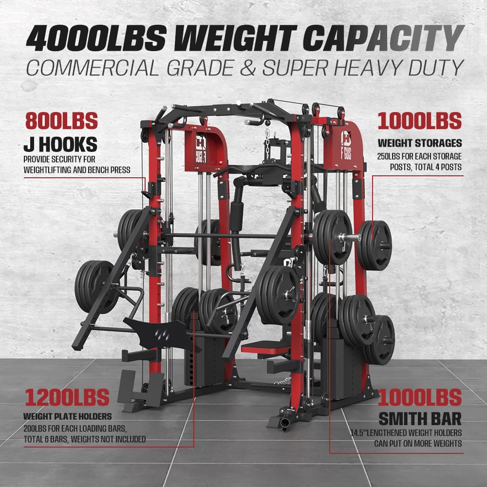 smithmachine with smithbar, Home Gym Station with Dual Weight Stacks, 4000LBS Power Cage Squat Rack with Lever Arm, Leg Press, LAT Pull Down, Cable Crossover Machine for Full Body Training, Red