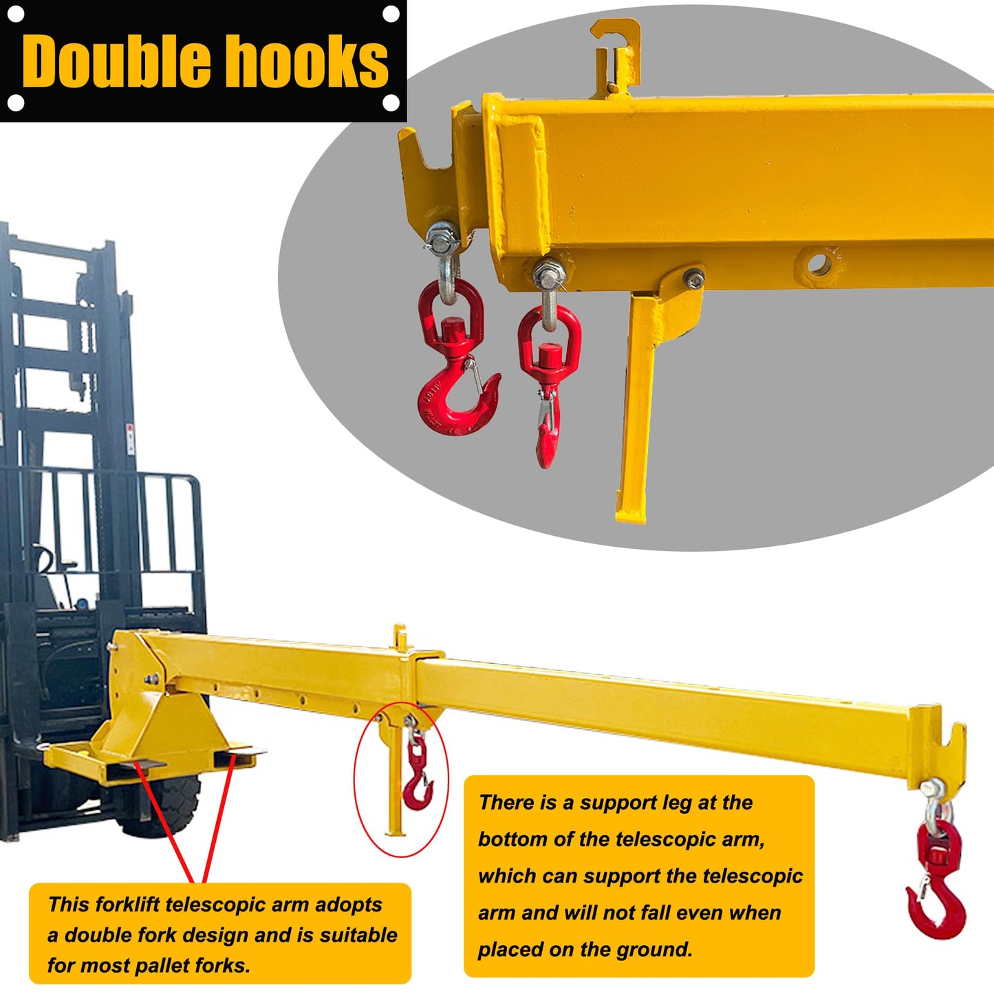 HQHAOTWU Forklift Jib Boom Crane 4400lbs Capacity Telescoping Mobile Crane Industrial 0-75 Degrees Tilting Lifting Hoist Truss Jib Boom with 2 Hooks Manual Telescopic 7-12ft for Warehouse & Factories