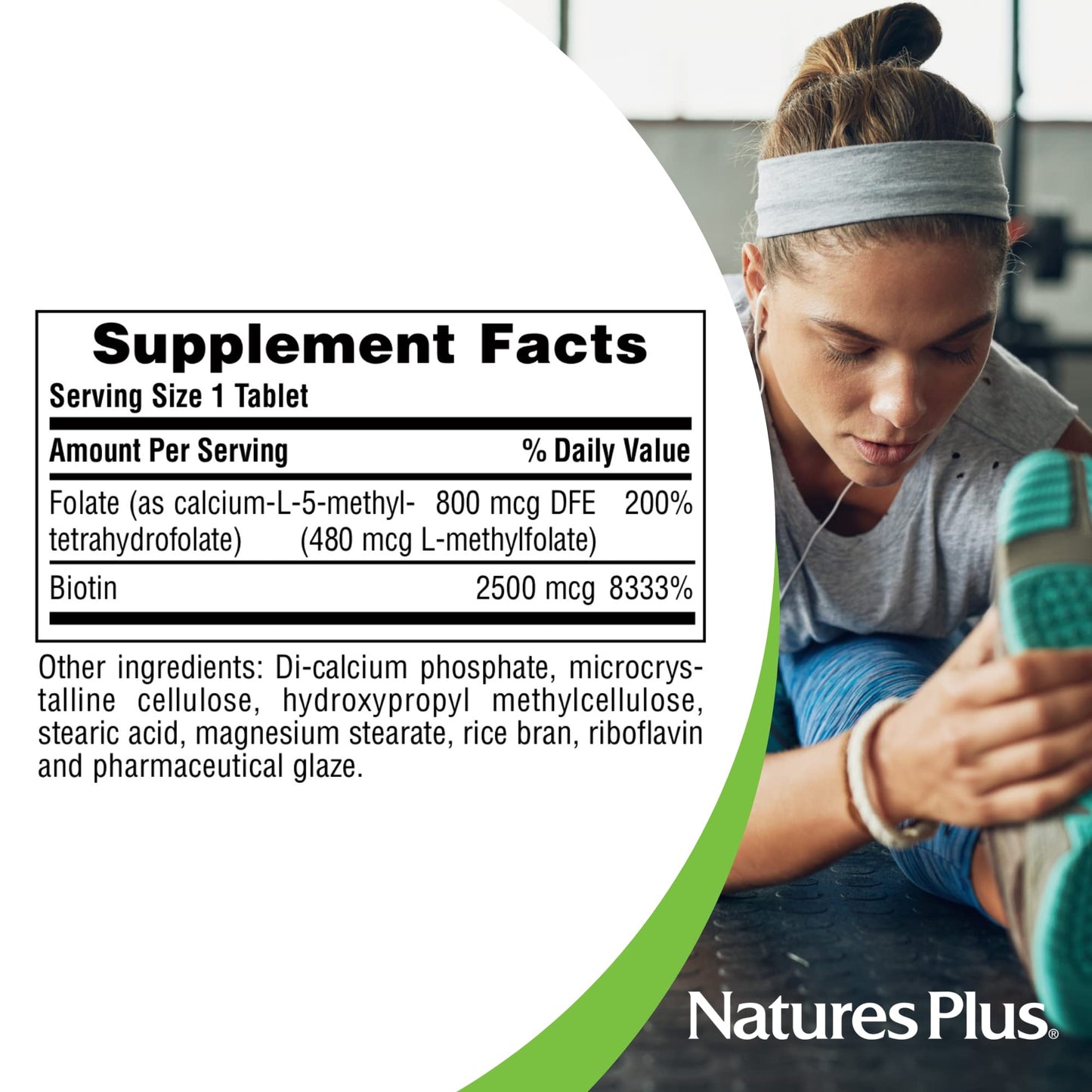 NaturesPlus Biotin & Folic Acid (Folate) - 30 Sustained Release Tablets - Vitamin B Complex for Energy, Beauty, Metabolism & Immune Health - Supports Healthy Skin, Nails & Hair - 30 Servings
