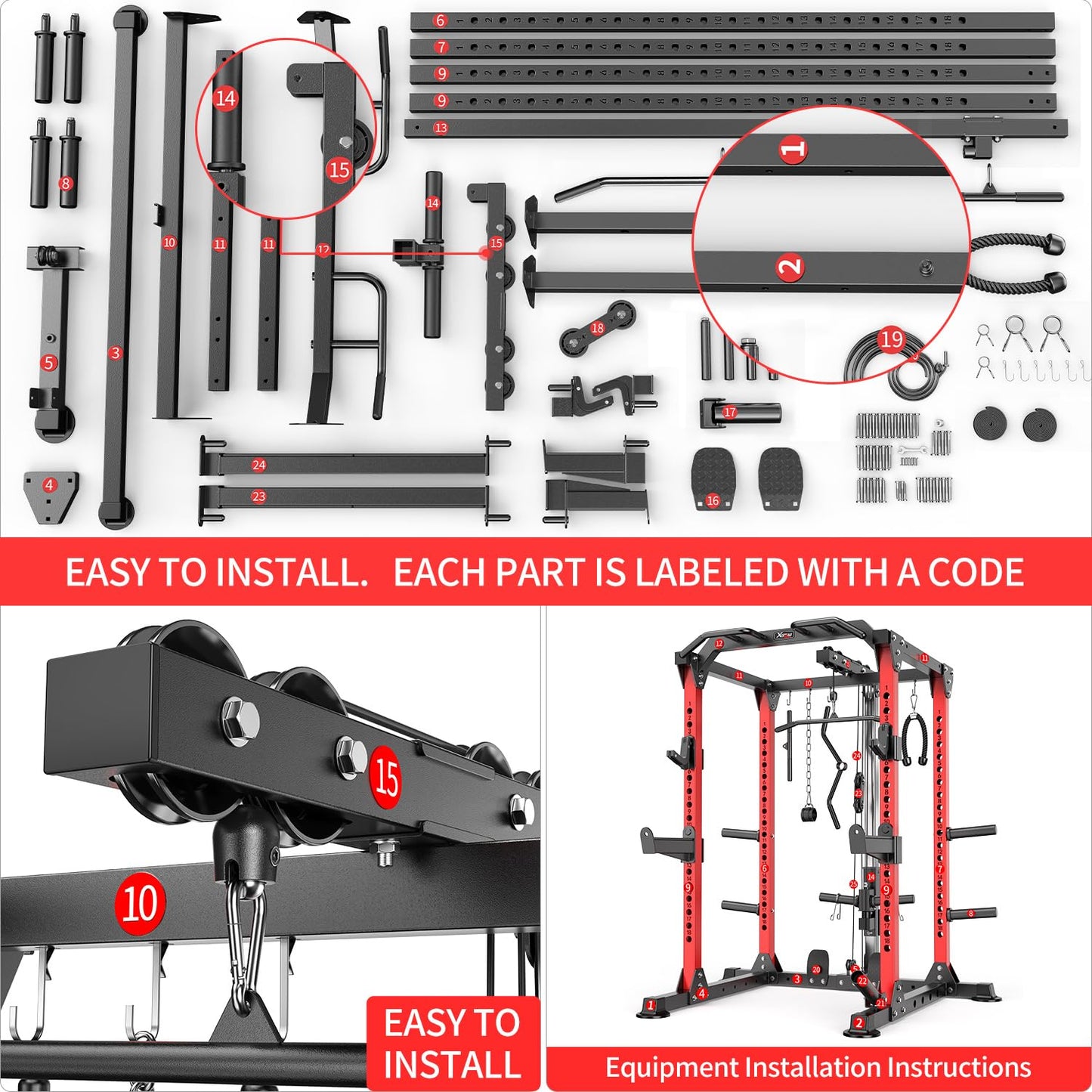 Power Rack Power Cage Multi-Function Squat Rack with Cable Crossover System Selectable More Training Attachment Power Rack for Garage & Home Gym (Red, A Set L01 Power Cage)