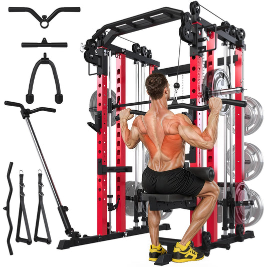 Smith Machine Home Gym with LAT Pulldown, Power Squat Rack Cage 2000lbs All in One Dual Cable Crossover Machine, Strength Training Power Cages with Pulley Workout System, Garage Bench Press