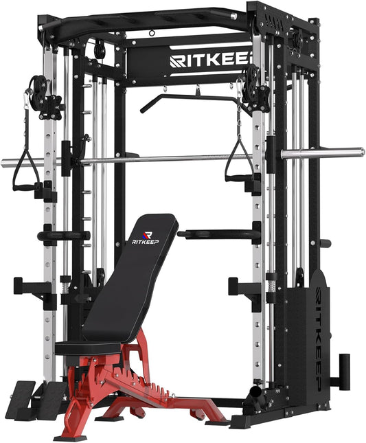Home Gym Smith Machine with 320lb Weight Stacks – 6-in-1 Power Rack, Crossover, Pull-Up & Dip Station, Full Body Strength Training – RitKeep PMAX-5600 Pro (Black (Pro) with Red Bench(320LB))