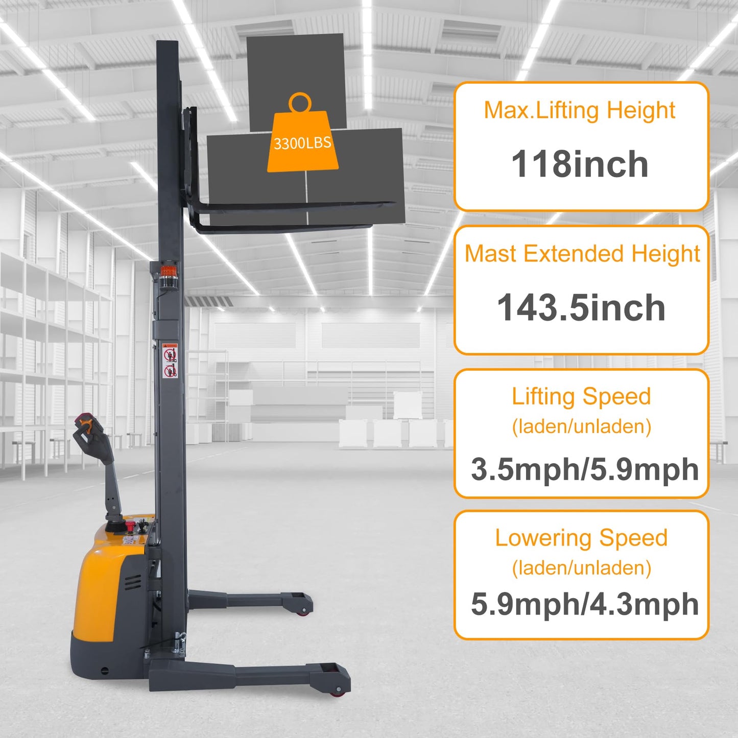 Apollo Full Electric Pallet Stacker, Material Lifts 3300 lbs Capacity, 118" Lifting Height, Gel Battery Powered Forklift with Straddle Legs and Adjustable Forks